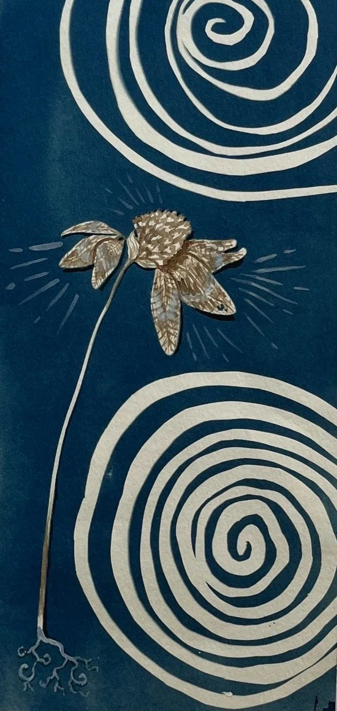"Whirlwind"
Cyanotype, black walnut ink, acrylic paint on paper.