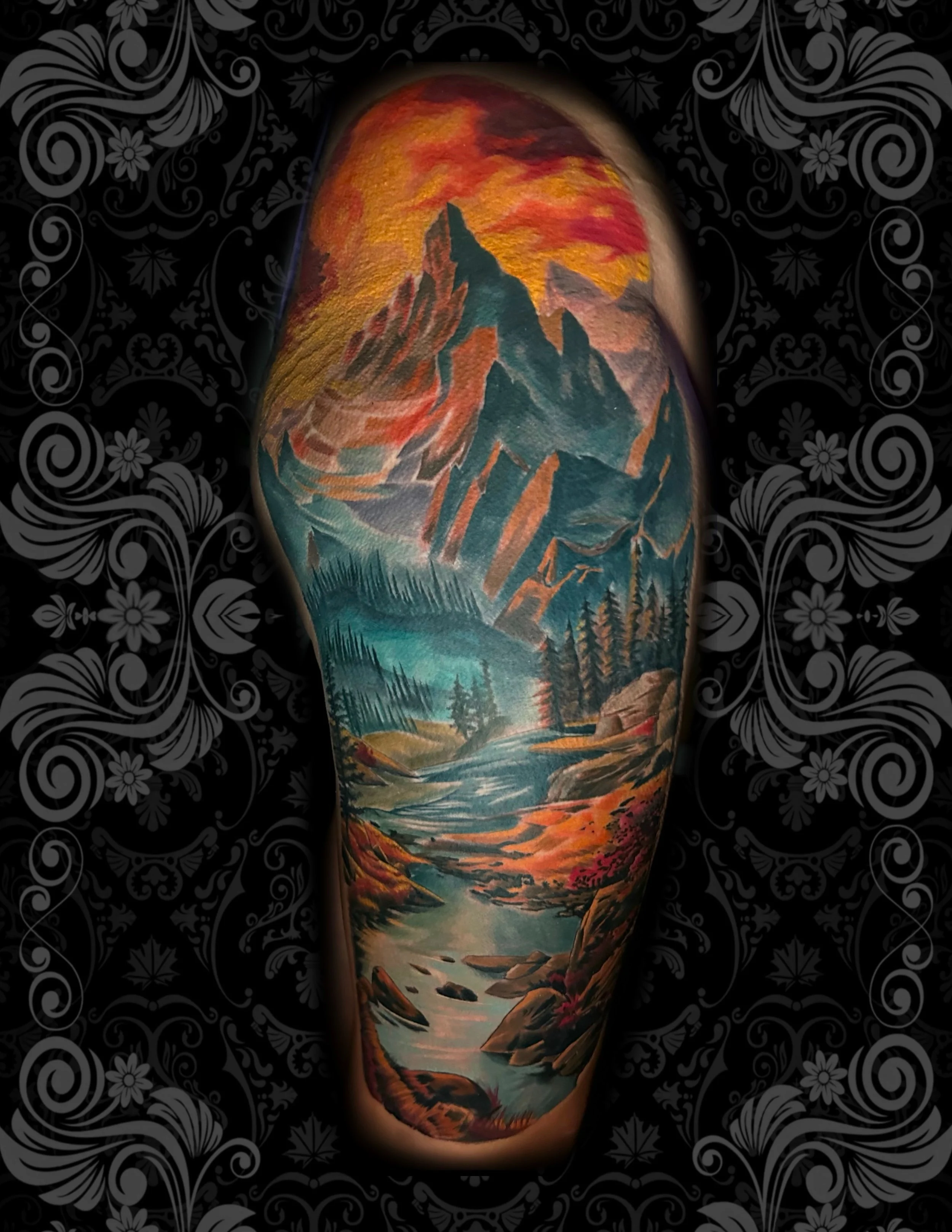 Realism tattoos, detailed landscape realism tattoo, mountain tattoos
