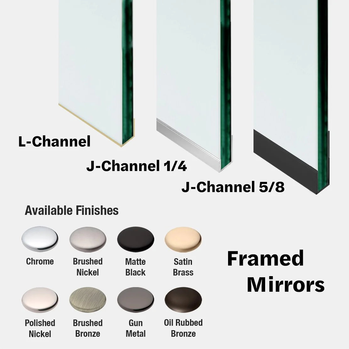 Mirrors with sleek L and J channels