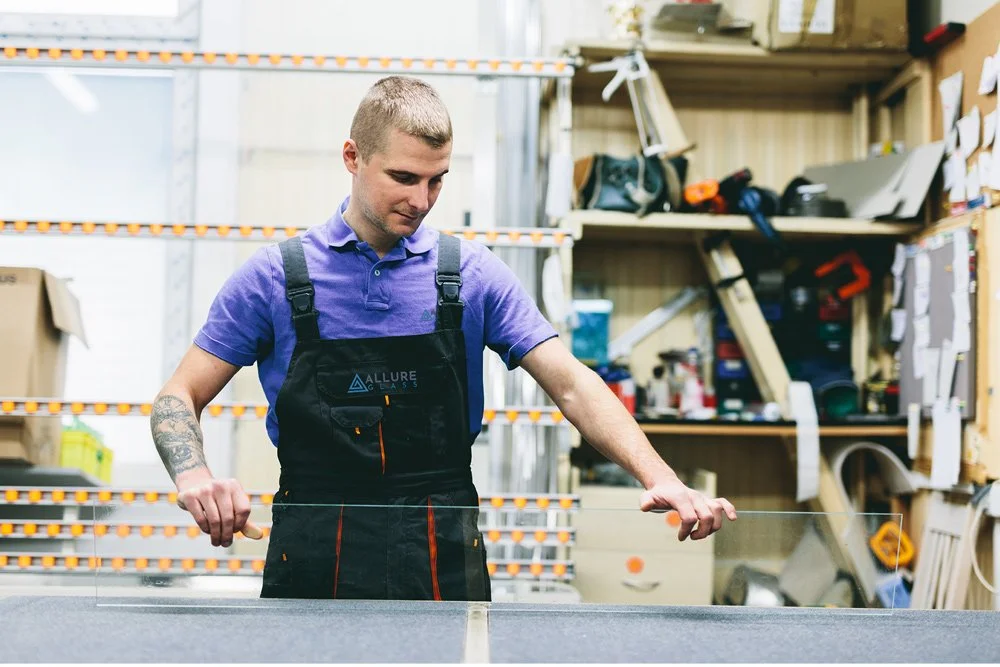 Professional glass cutting by Allure Glass shower and railing expert!