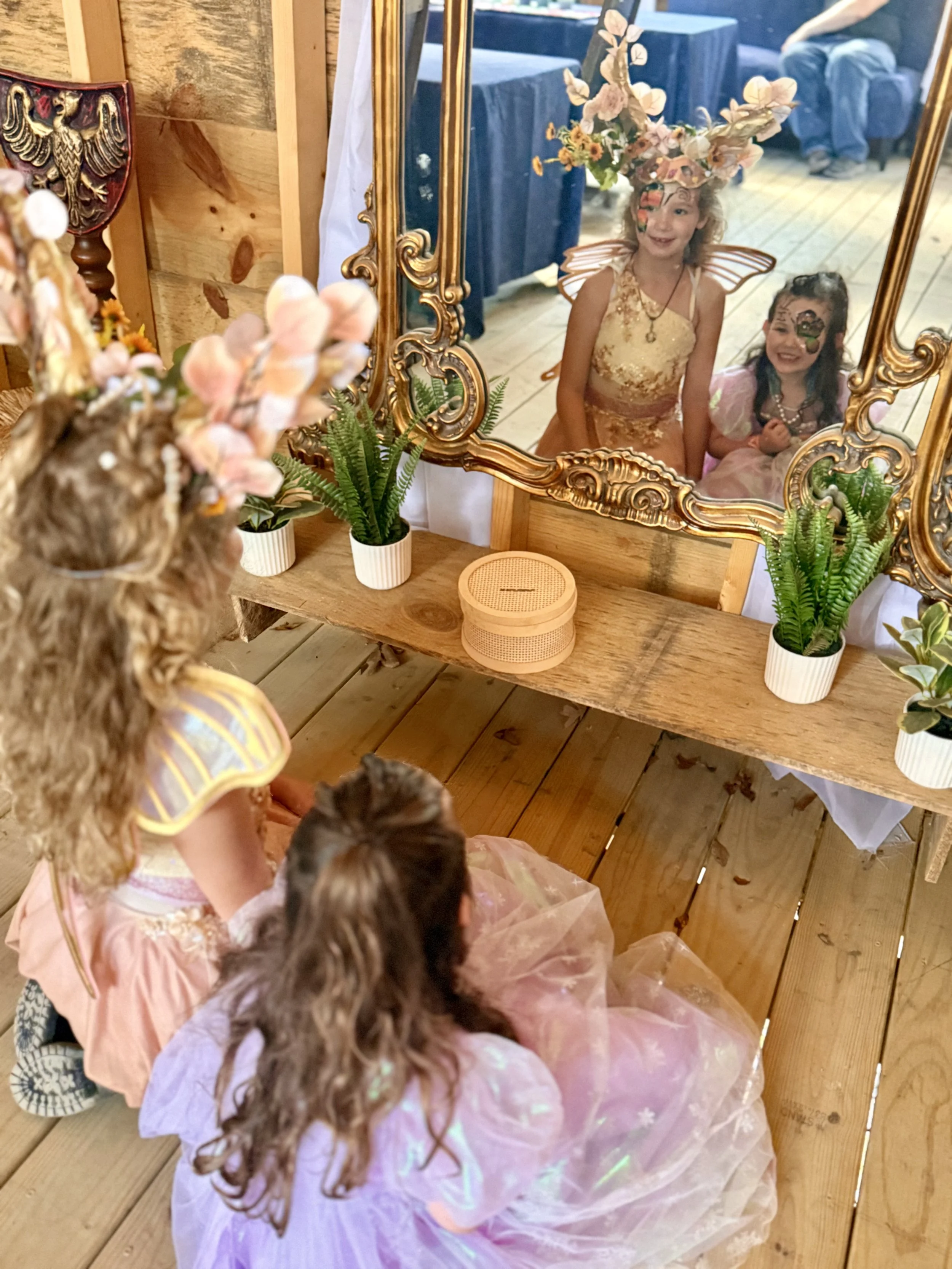 Two young girls dressed as princesses looking at their reflection in a mirror decorated with flowers and plants, with a wooden background and a wooden table nearby.