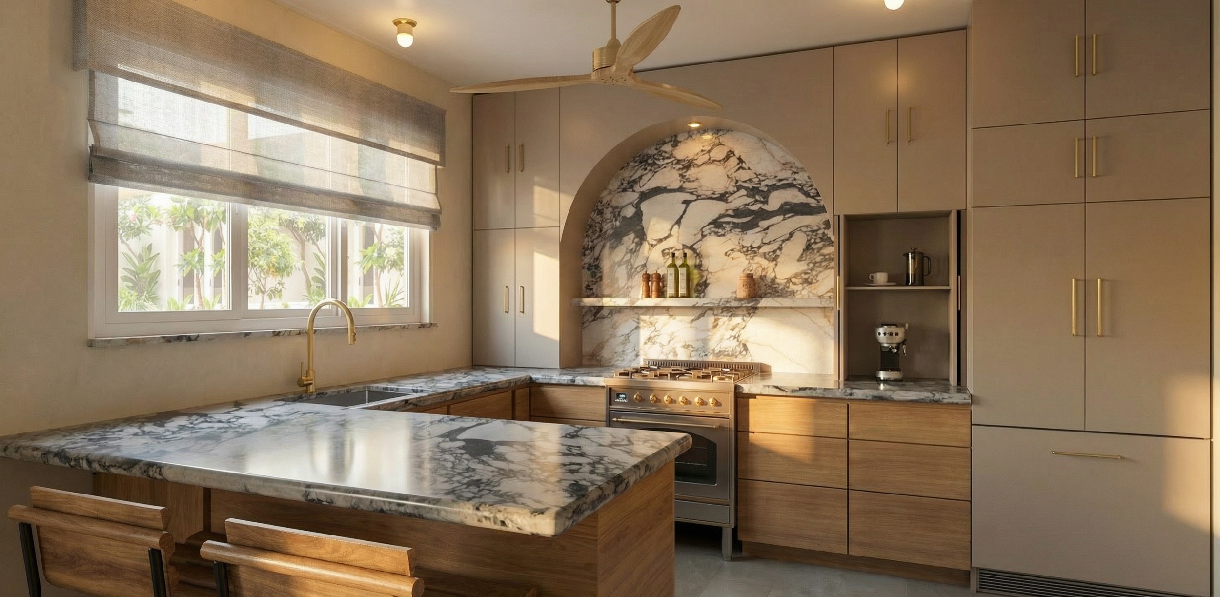 Modern kitchen with marble countertops, wooden cabinets, a window with blinds, gold fixtures, and a ceiling fan.
