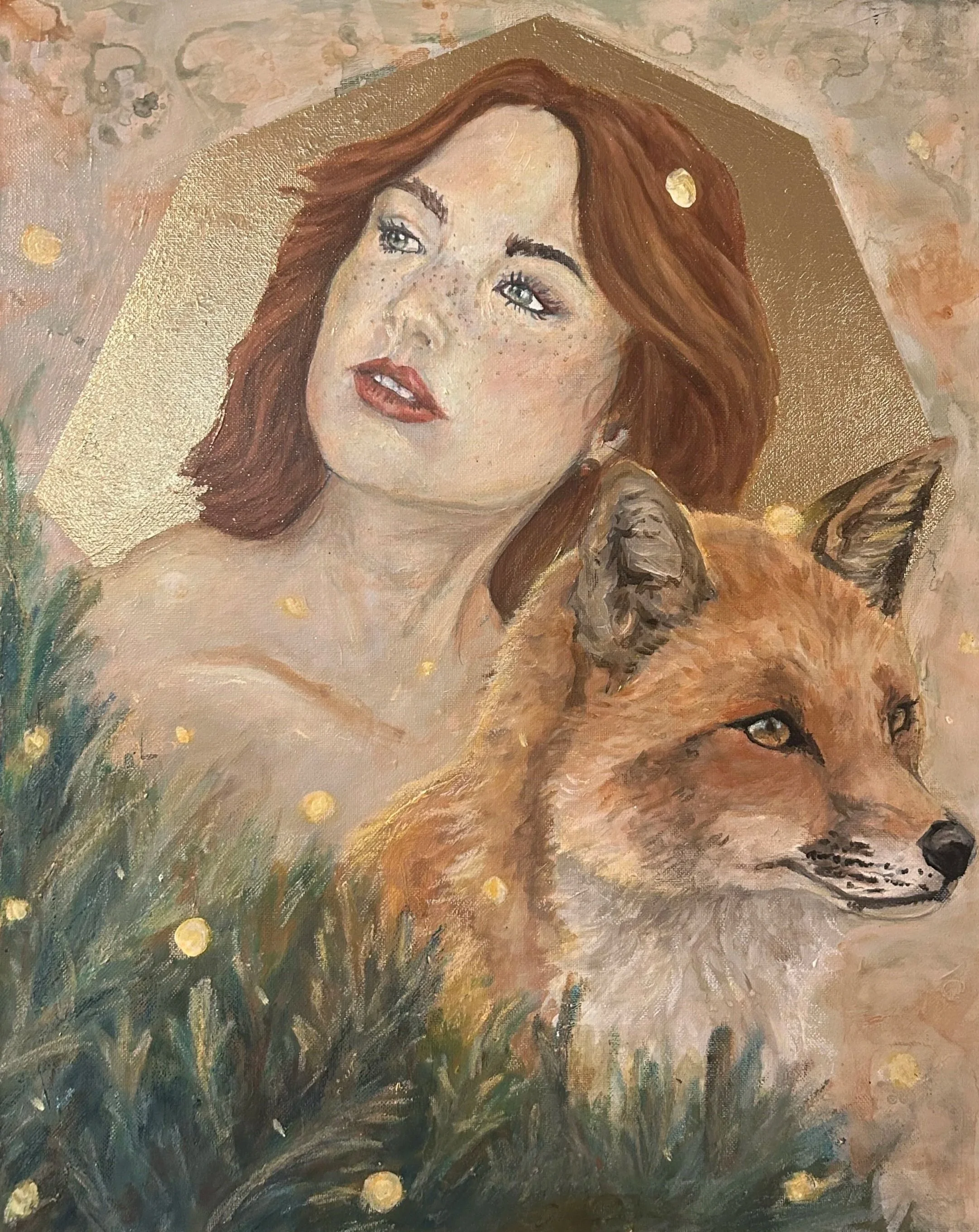 A portrait of a woman with red hair, blue eyes, and freckled face, surrounded by a golden halo, with a wolf and a butterfly in a painterly style.