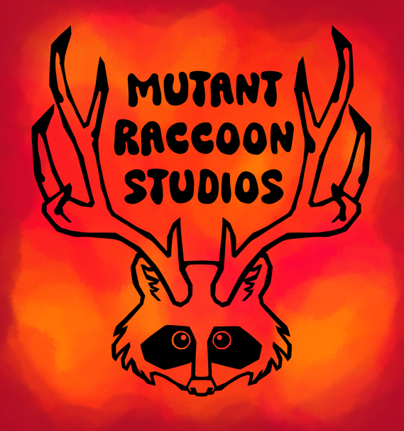 Logo for Mutant Raccoon Studios featuring a stylized raccoon's face with antlers and the studio name