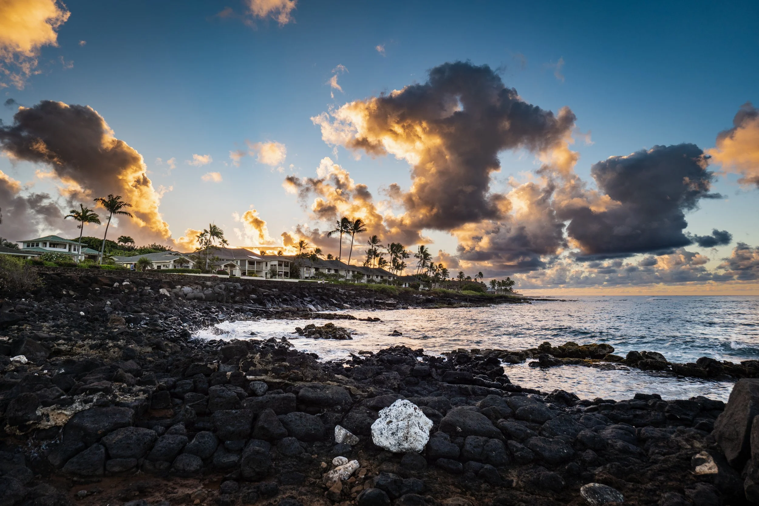 A scenic coastal view during sunset with dark clouds overhead, palm trees, modern houses along the shoreline, rocky beach in the foreground, and ocean waves