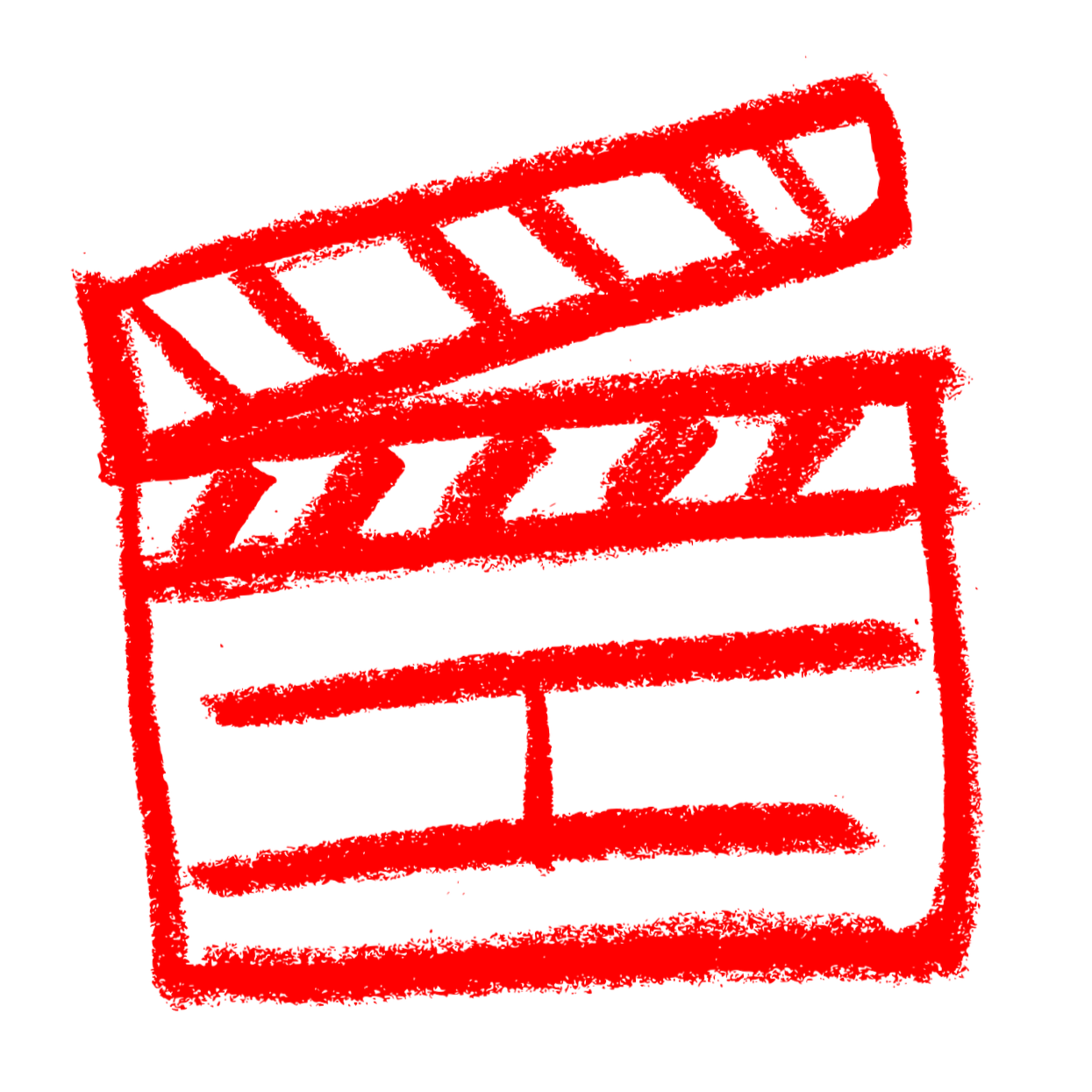 Red and black film clapperboard sketch on black background.