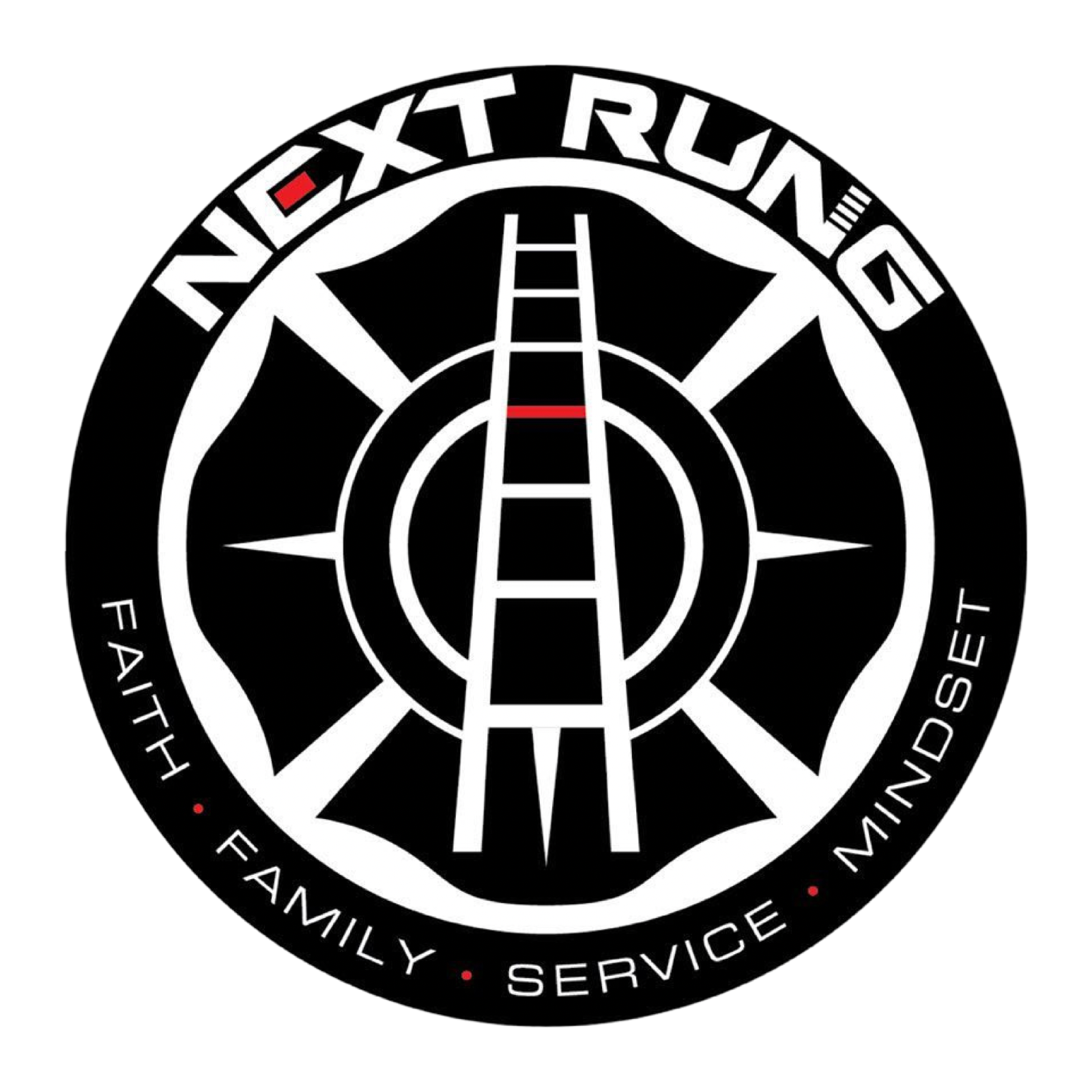 A circular logo with the text 'Next Rung' at the top, a lighthouse in the center, and words 'Family,' 'Service,' and 'Faith' around the bottom.