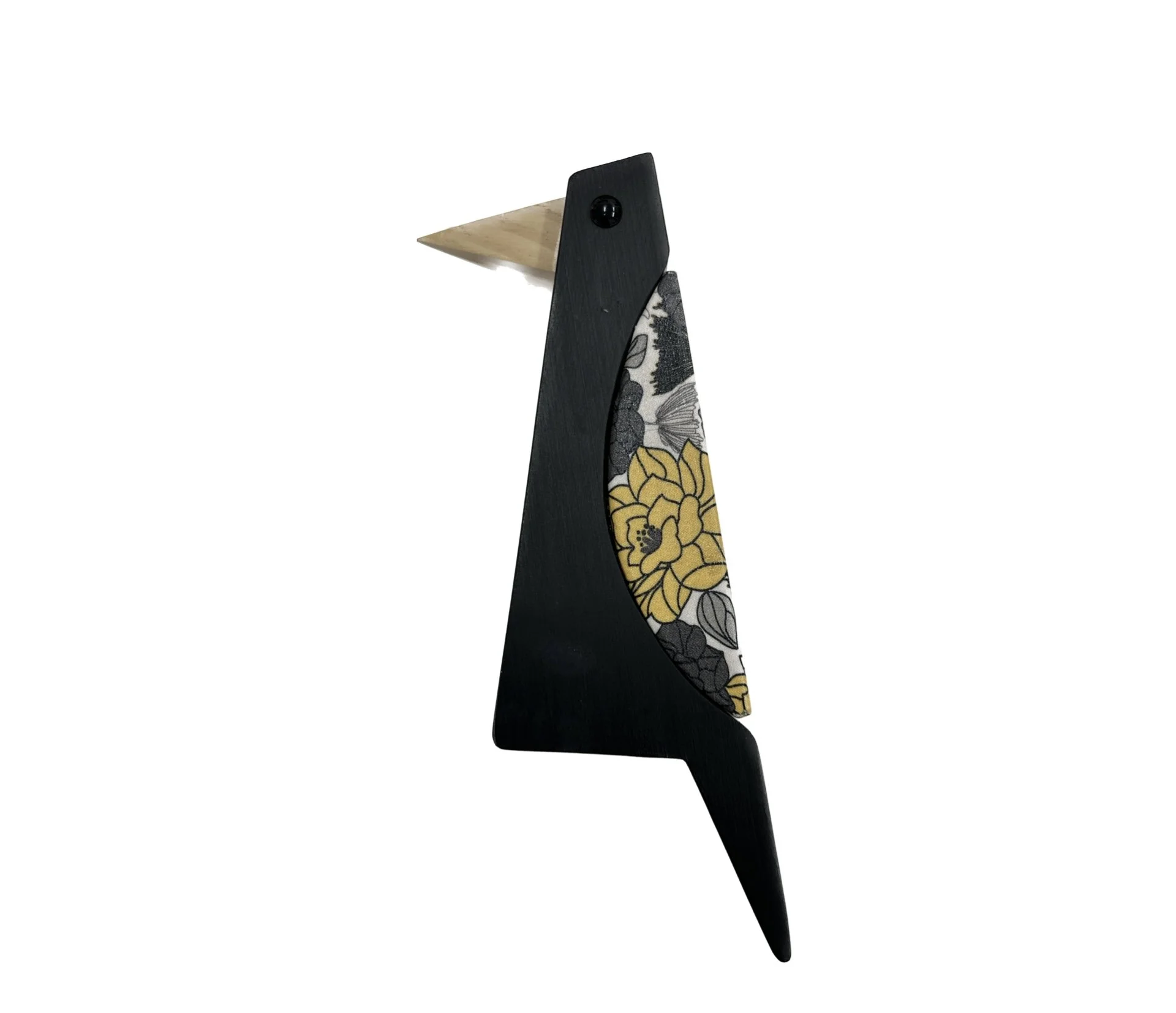 Magpie- black and yellow fabric collage by Steve Innes