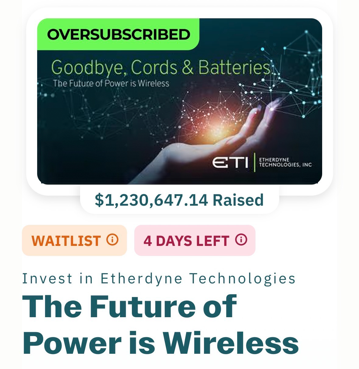 Etherdyne Oversubscribes First Regulation Crowdfunding Campaign, Raising $1.2M+