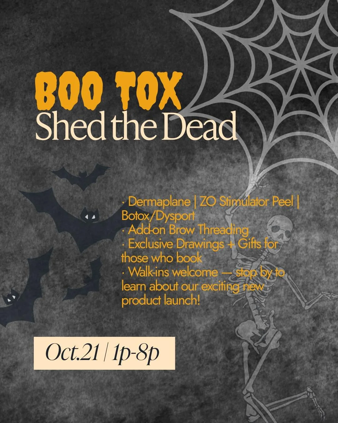 Shed the dead &amp; say BOO to fine lines 👻
Schedule your Dermaplane, ZO Stimulator Peel, or Boo-Tox (Botox/Dysport) during our event and enjoy exclusive gifts + entry into our spooky-good drawings.

🕸️ We understand some of our patients may not be