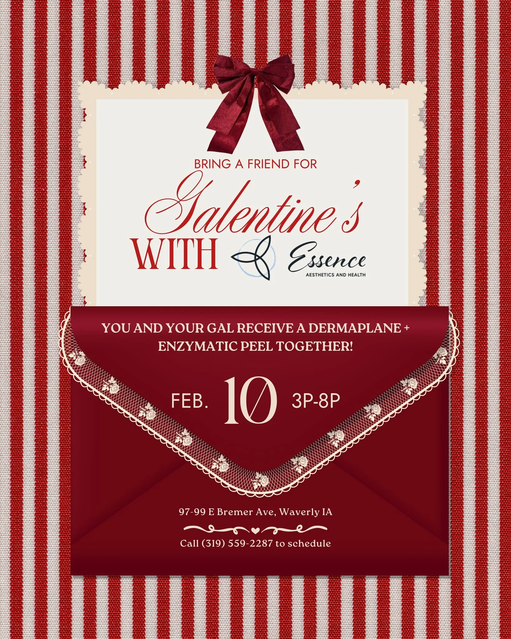 💕✨ Galentine&rsquo;s at Essence ✨💕

Because self-care is always better with your bestie 💙

Mark your calendar for 2/10 from 3&ndash;8 PM and join us for a fun, feel-good Galentine&rsquo;s Event! Bring your favorite gal and enjoy our Dermaplane + E