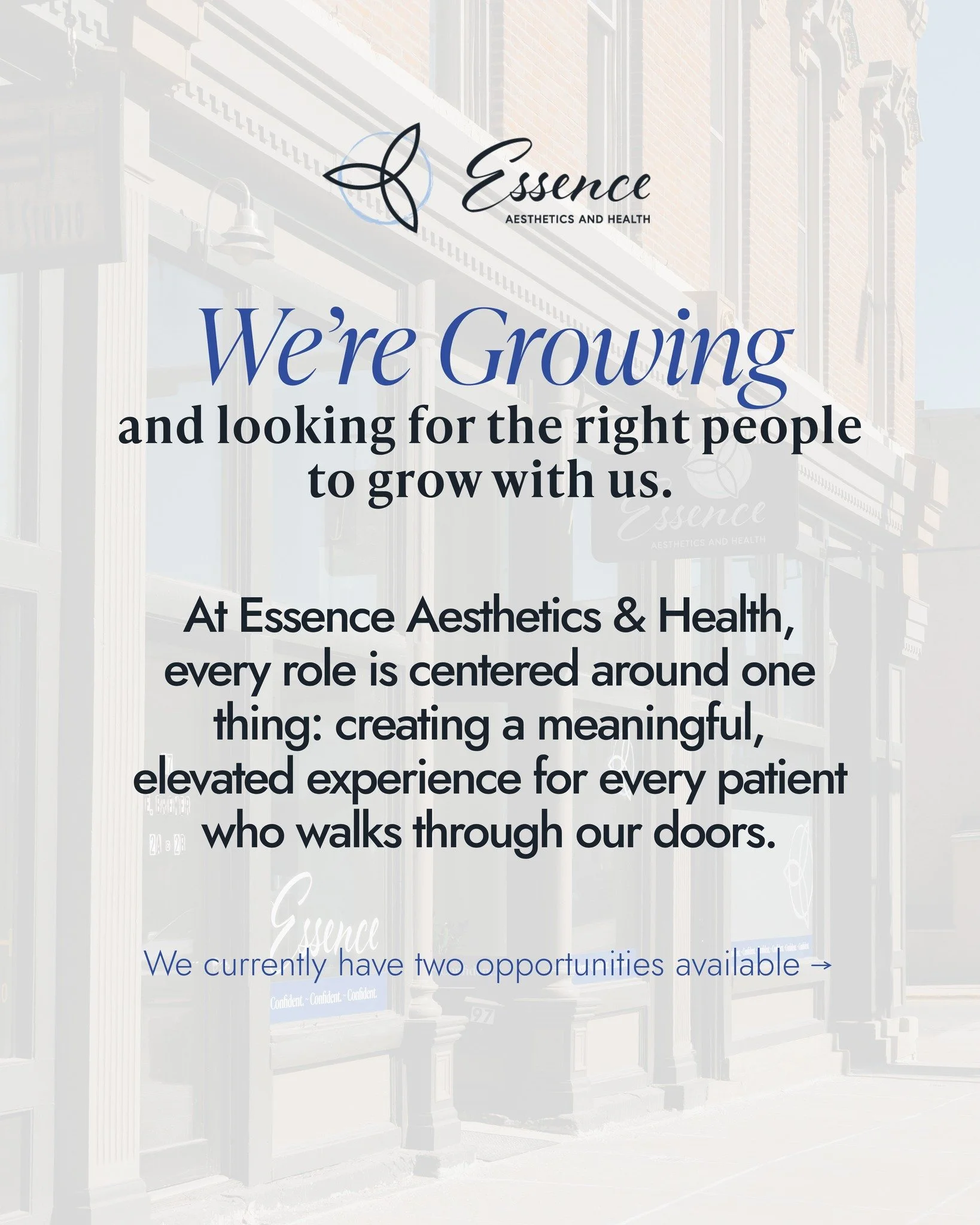 We&rsquo;re growing&mdash;and intentionally building a team that reflects the level of care, detail, and experience every patient deserves.

At Essence Aesthetics &amp; Health, we&rsquo;re not a traditional clinic. We focus on personalized, root-caus
