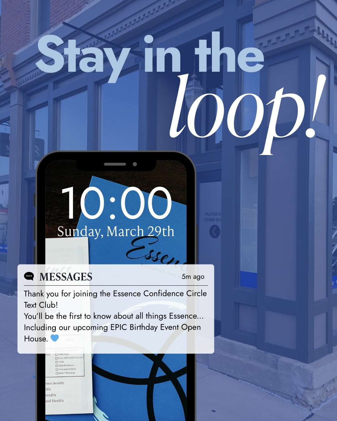 Want to be the first to know what&rsquo;s happening at Essence? 🤍

Join our Essence Confidence Circle text club. It&rsquo;s where we share early access,  updates, and the little details you won&rsquo;t want to miss &mdash; especially with our birthd