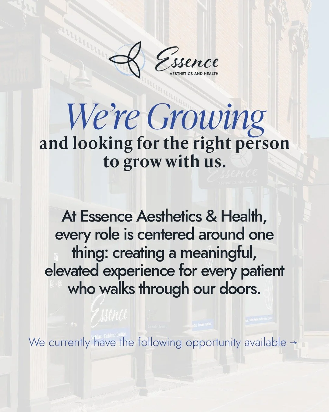 We&rsquo;re growing&mdash;and intentionally building a team that reflects the level of care, detail, and experience every patient deserves.

At Essence Aesthetics &amp; Health, we&rsquo;re not a traditional clinic. We focus on personalized, root-caus