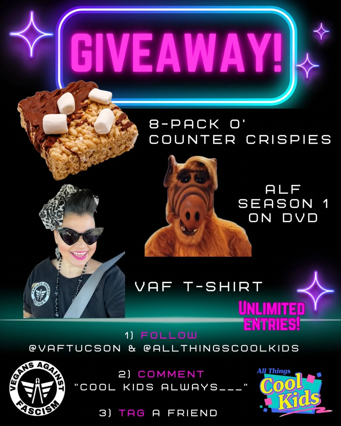 Ooooh, kids! It&rsquo;s time for a giveaway, and YOU could win a fabulous bundle of prizes including an 8-pack of Counter Crispies, ALF season one on DVD, and one of our brand new #vegansagainstfascism logo tees! All you&rsquo;ve gotta do is&hellip;
