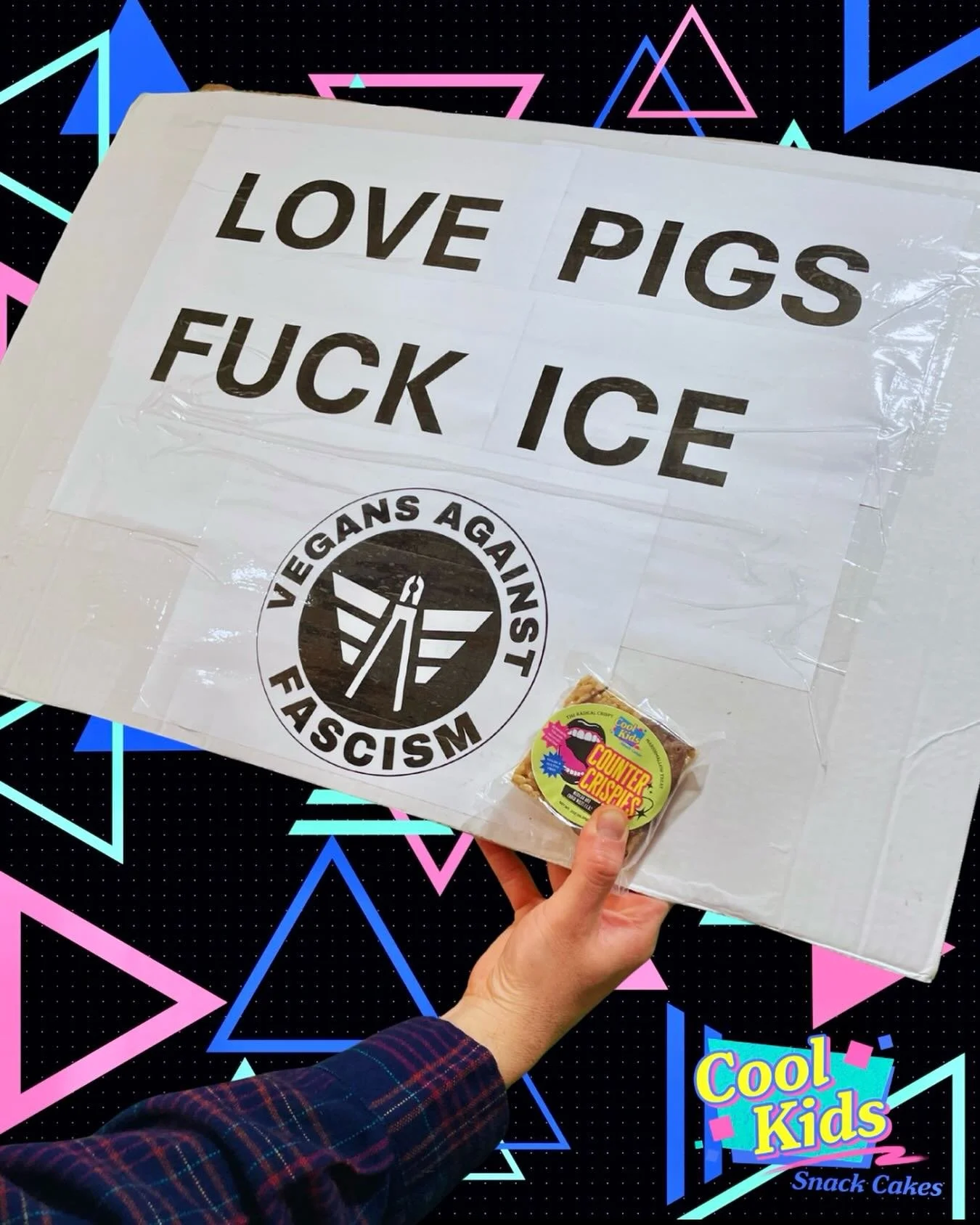 &ldquo;Mexican Hot Cocoa Melts I.C.E!&rdquo; Counter Crispies launch tomorrow, kids! Visit us at snackcool.com to get yours and thanks for supporting Vegans Against Fascism @theravencorps 🩷🖤👊 #vegansagainstfascism #snackcool