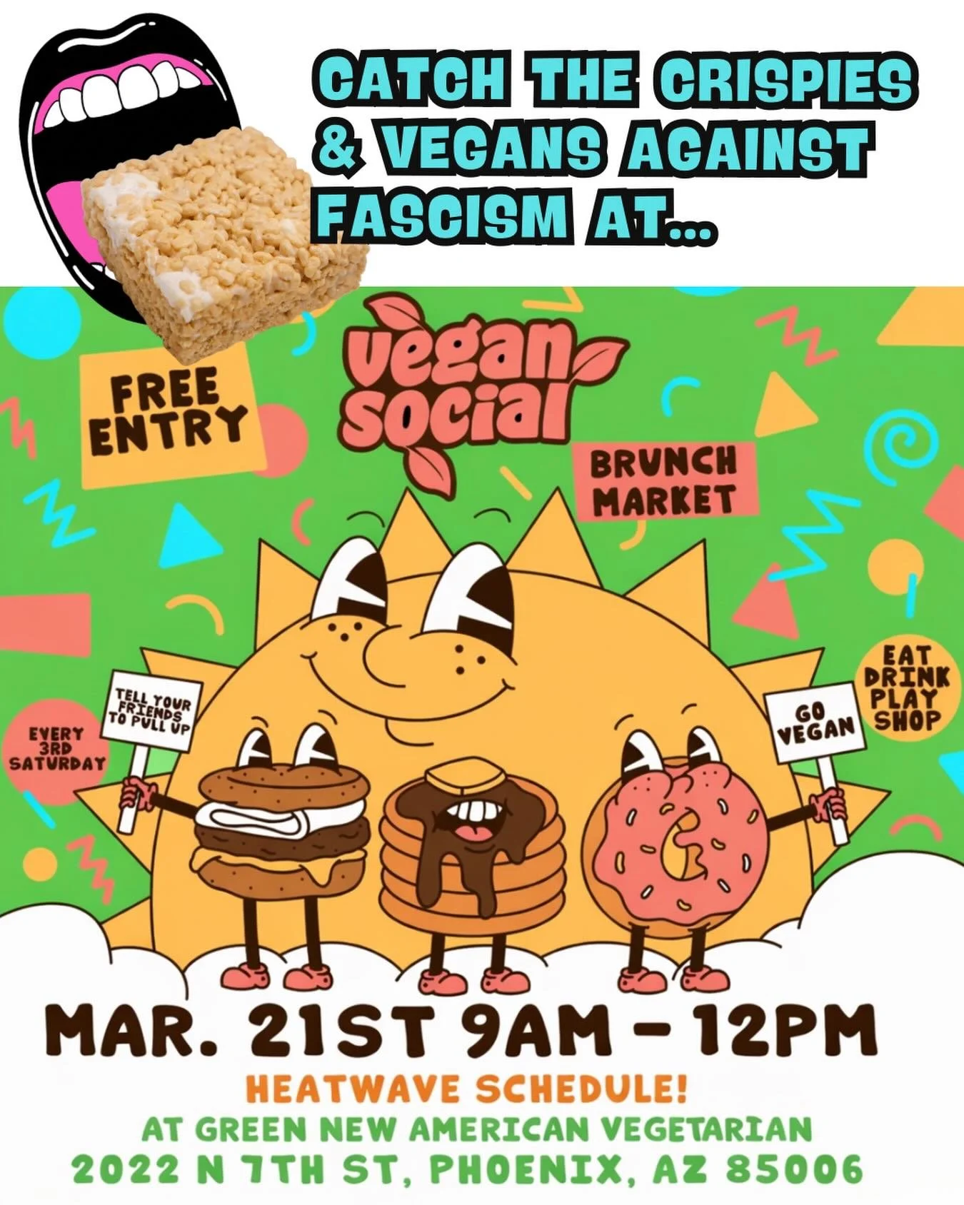 We&rsquo;ll be @greenrestaurantaz tomorrow for @thatvegansocial ! Catch us from 9 - noon slingin&rsquo; your favorite radical crispy marshmallow treats that support Vegans Against F*ascism!