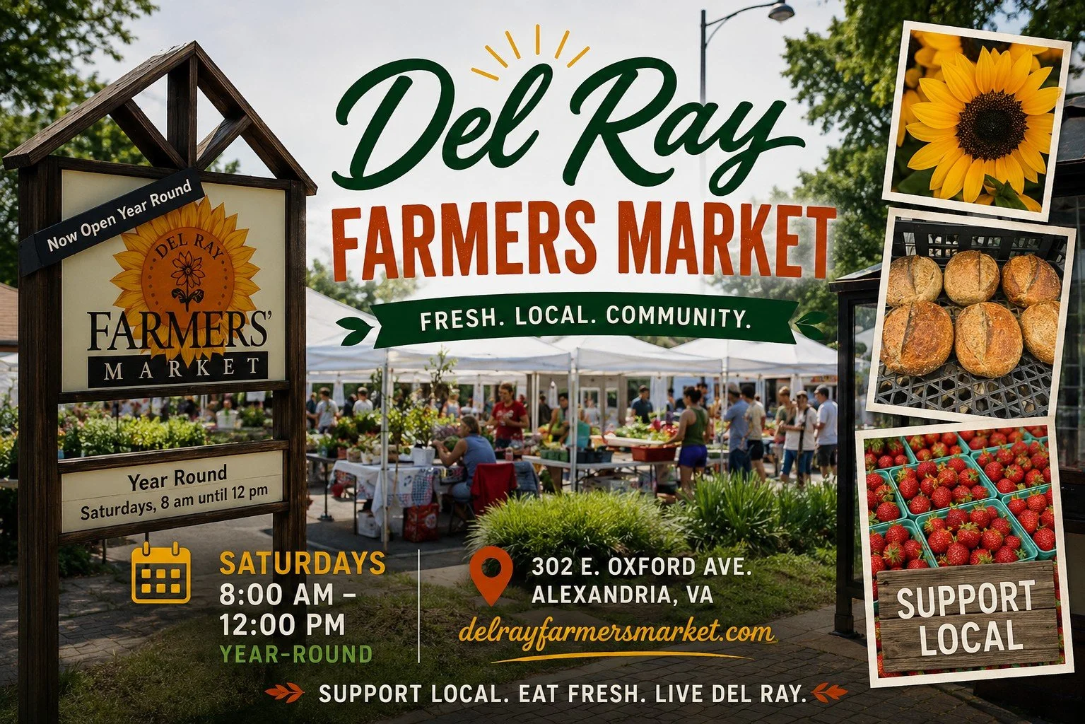 🌻 Welcome to Del Ray Farmers Market!

We're glad you're here.

📍 302 E. Oxford Ave., Alexandria, VA
🕗 Saturdays, 8:00 AM&ndash;12:00 PM
🌱 Open Year-Round

Shop fresh produce, locally made foods, baked goods, flowers, and more while supporting loc