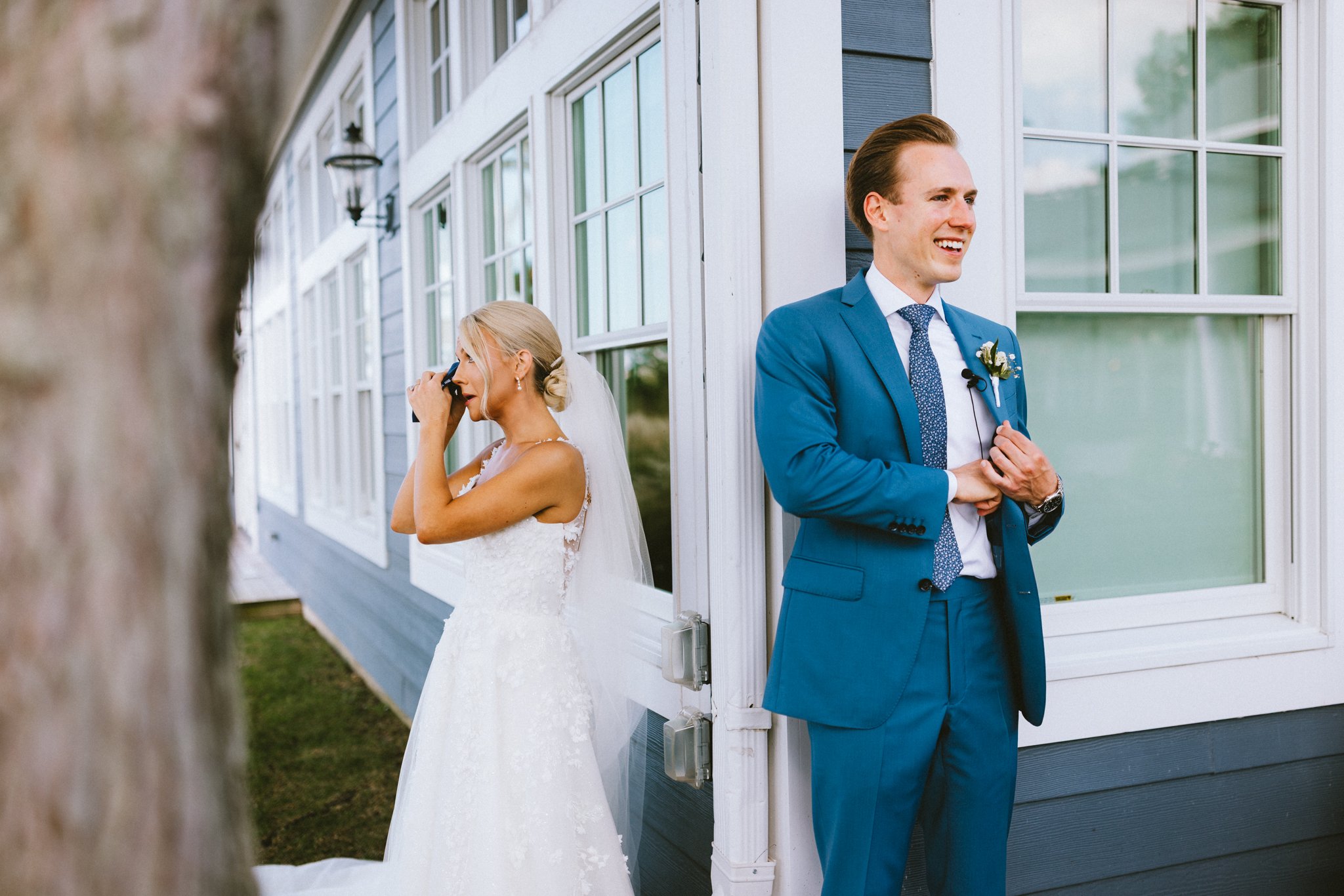 Bride and groom during indoor wedding ceremony, Chesapeake bay beach club, Maryland