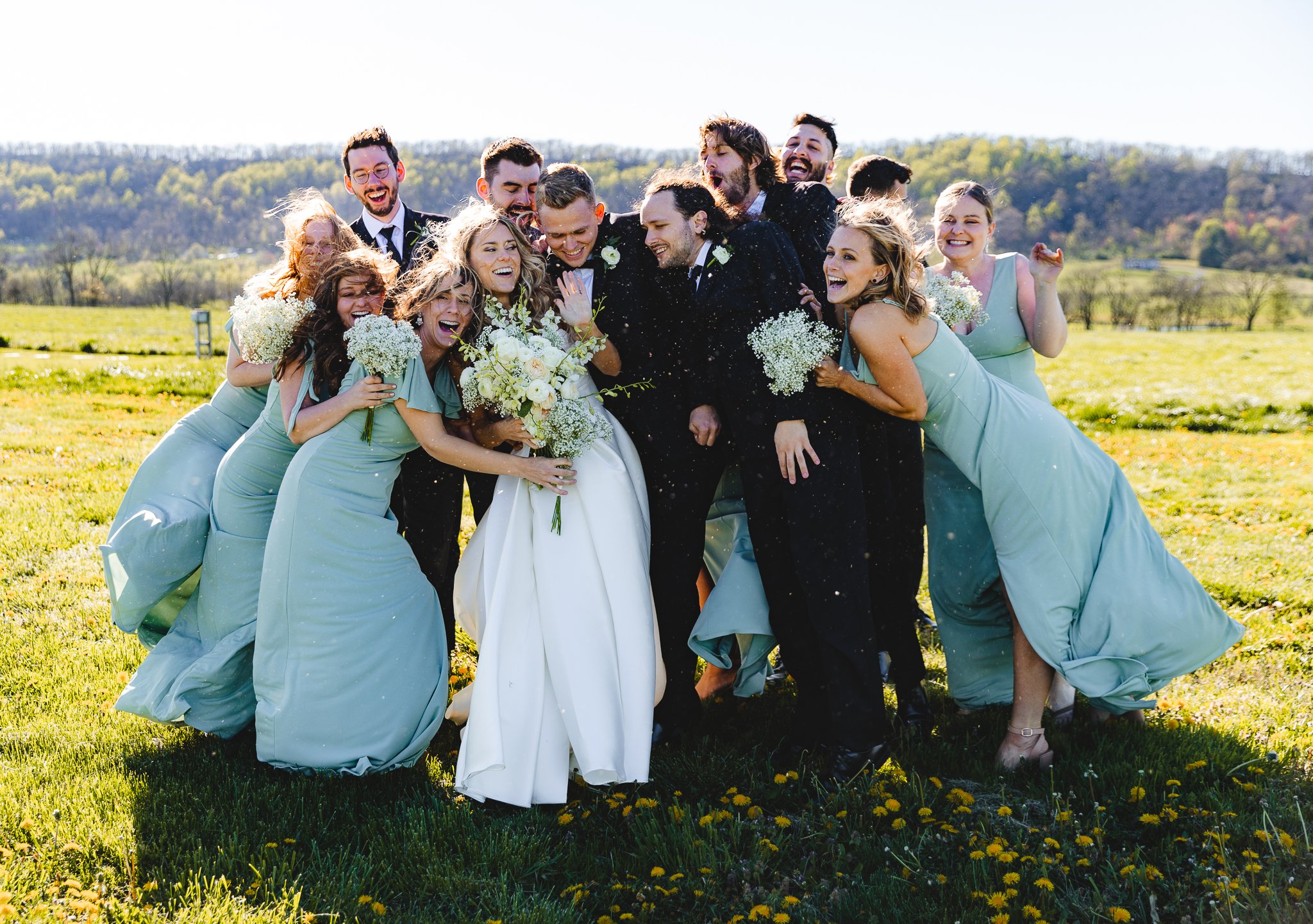 bride, groom, bridal party taking photo on grass