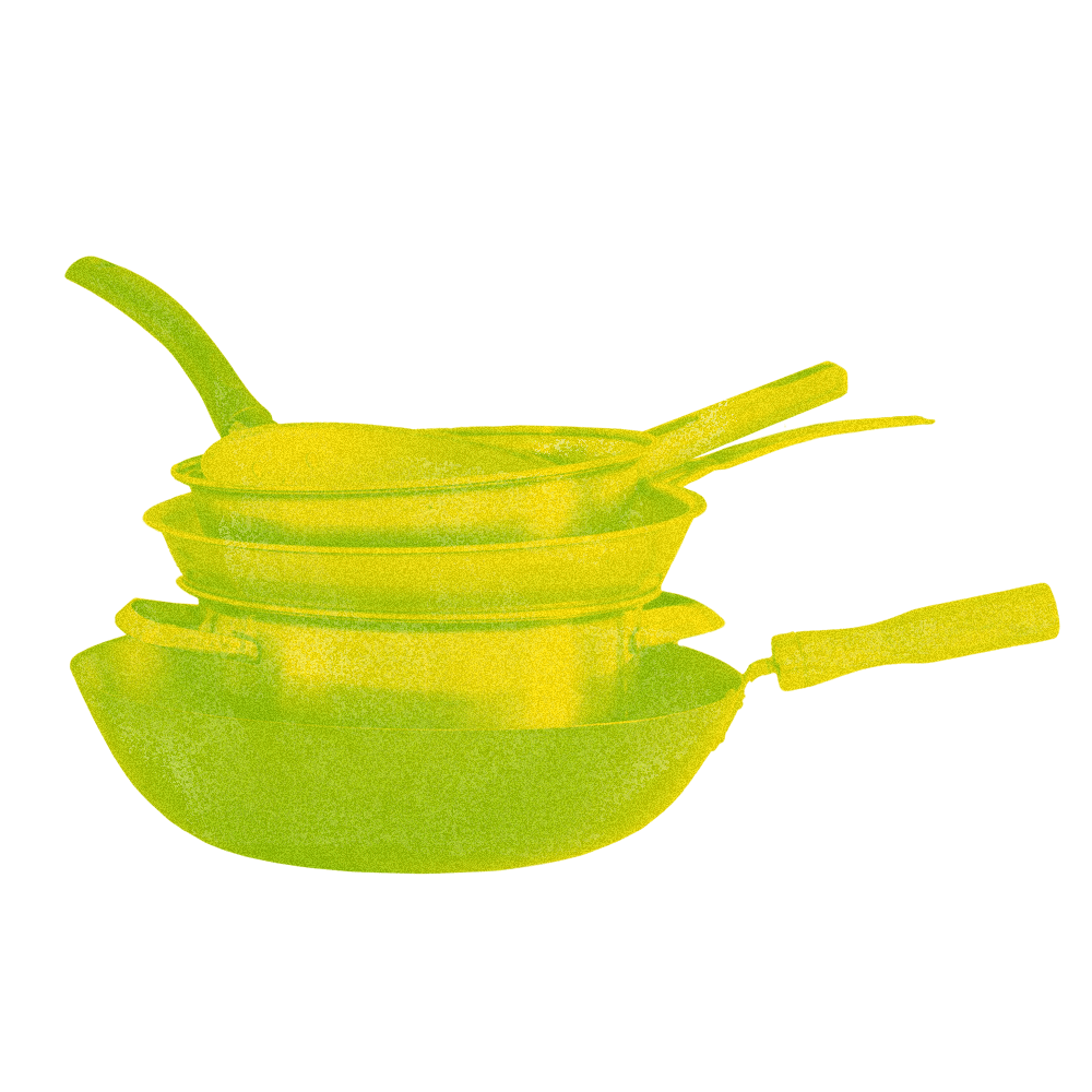 stylized, monochromatic lime green stack of pots and pans cut out on transparent background
