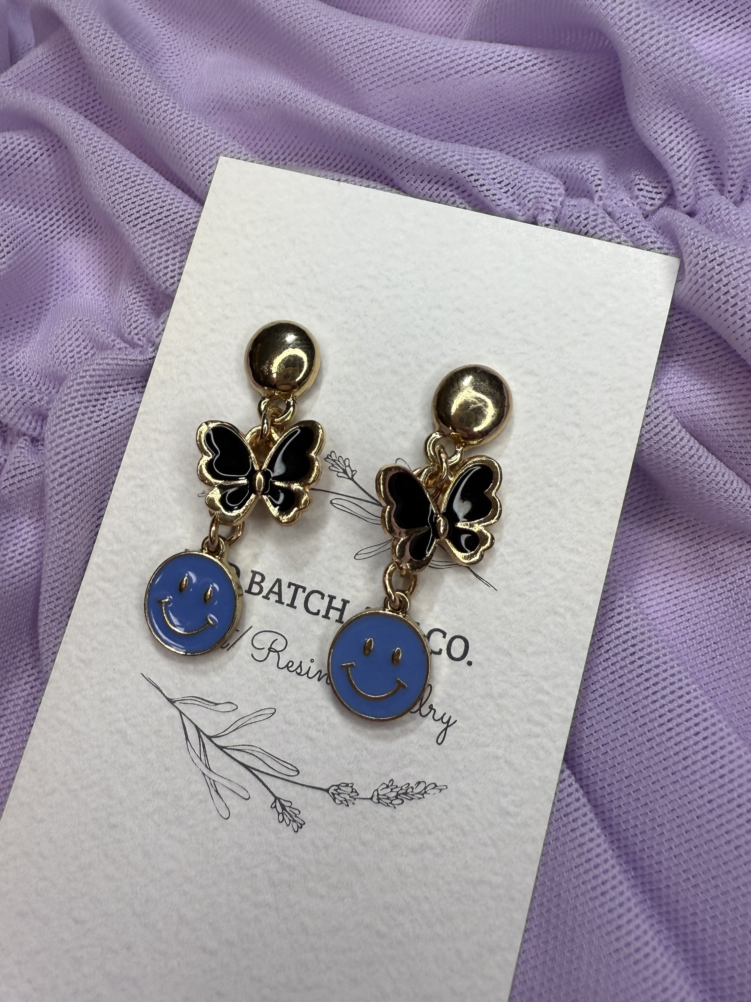 Black Butterfly & Blue Smiley Earrings