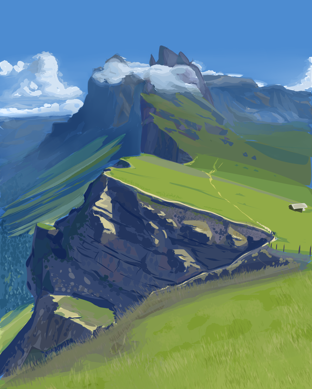 Short color study on environments. My goal here was to get better at defining shapes though color instead of line, choosing what to give detail to and what to let fall to the distance.