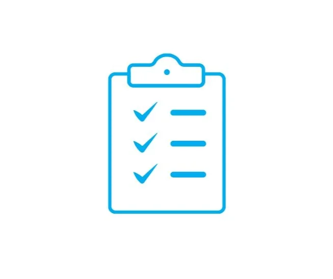 Blue checklist icon on a clipboard with three check marks