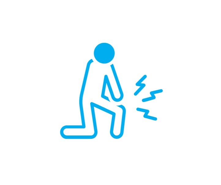 Blue icon of person kneeling with knee pain, indicated by lightning bolts.