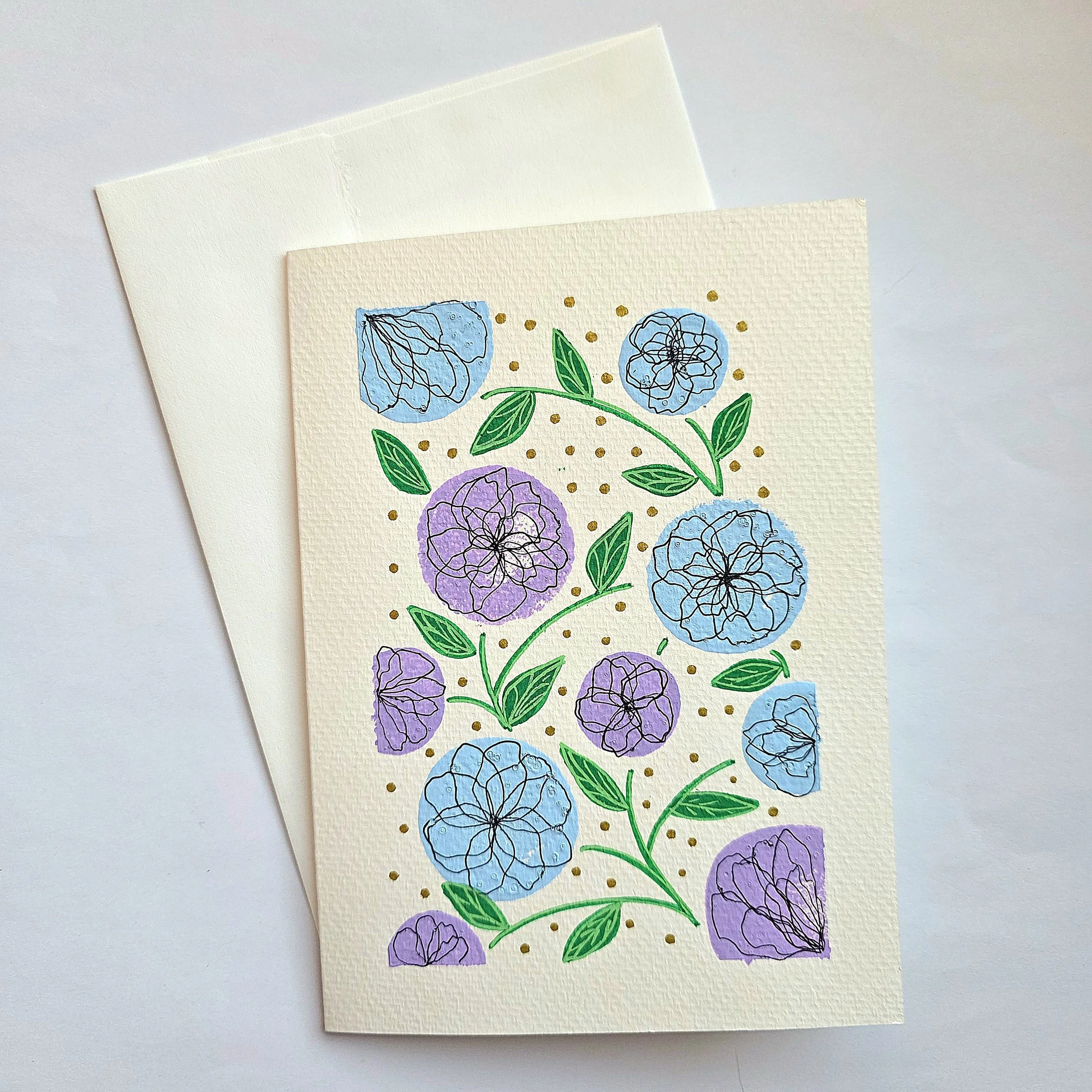 Original Hand-Painted Purple and Blue Abstract Flowers Greeting Card