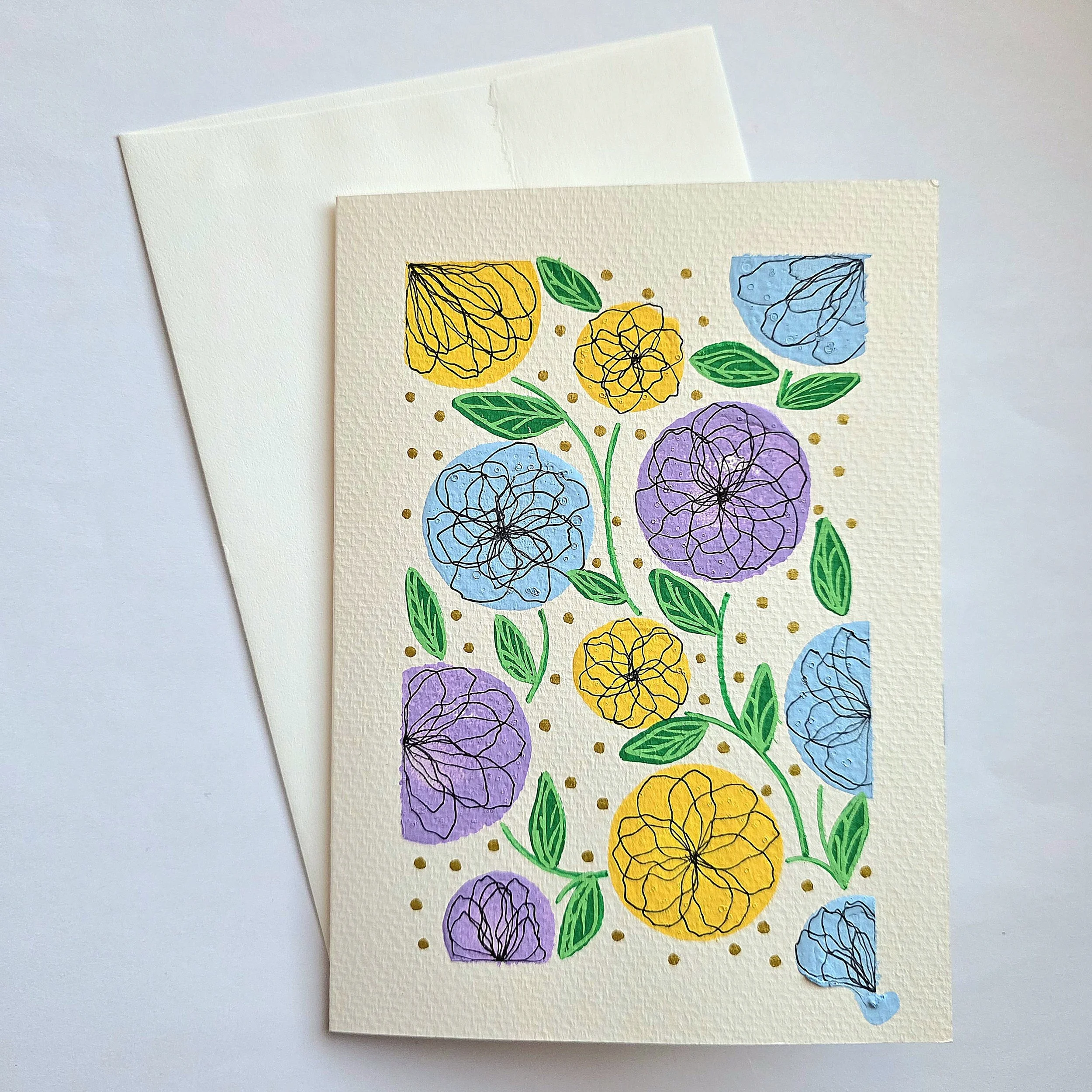 Original Hand-Painted Blue, Purple, and Yellow Abstract Flowers Greeting Card