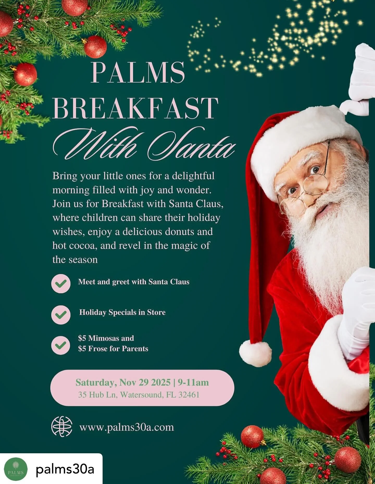 Get @reshare_app &bull; @palms30a Come join us for Breakfast with Santa and knock out your holiday shopping list at Palms 30A. You one stop shop in Watersound. 🎅🏻🎄🌴