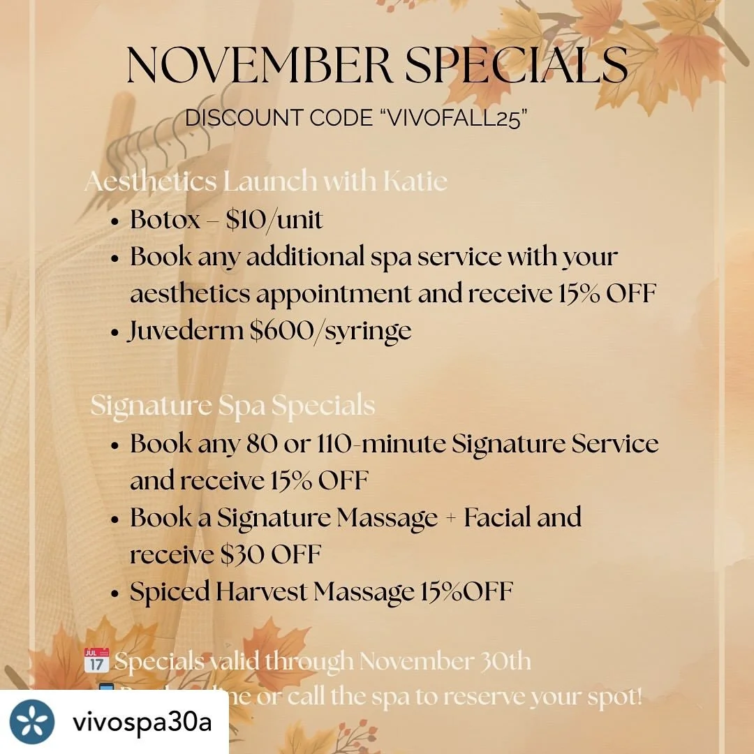 November specials @vivospa30a at 35 Hub Lane