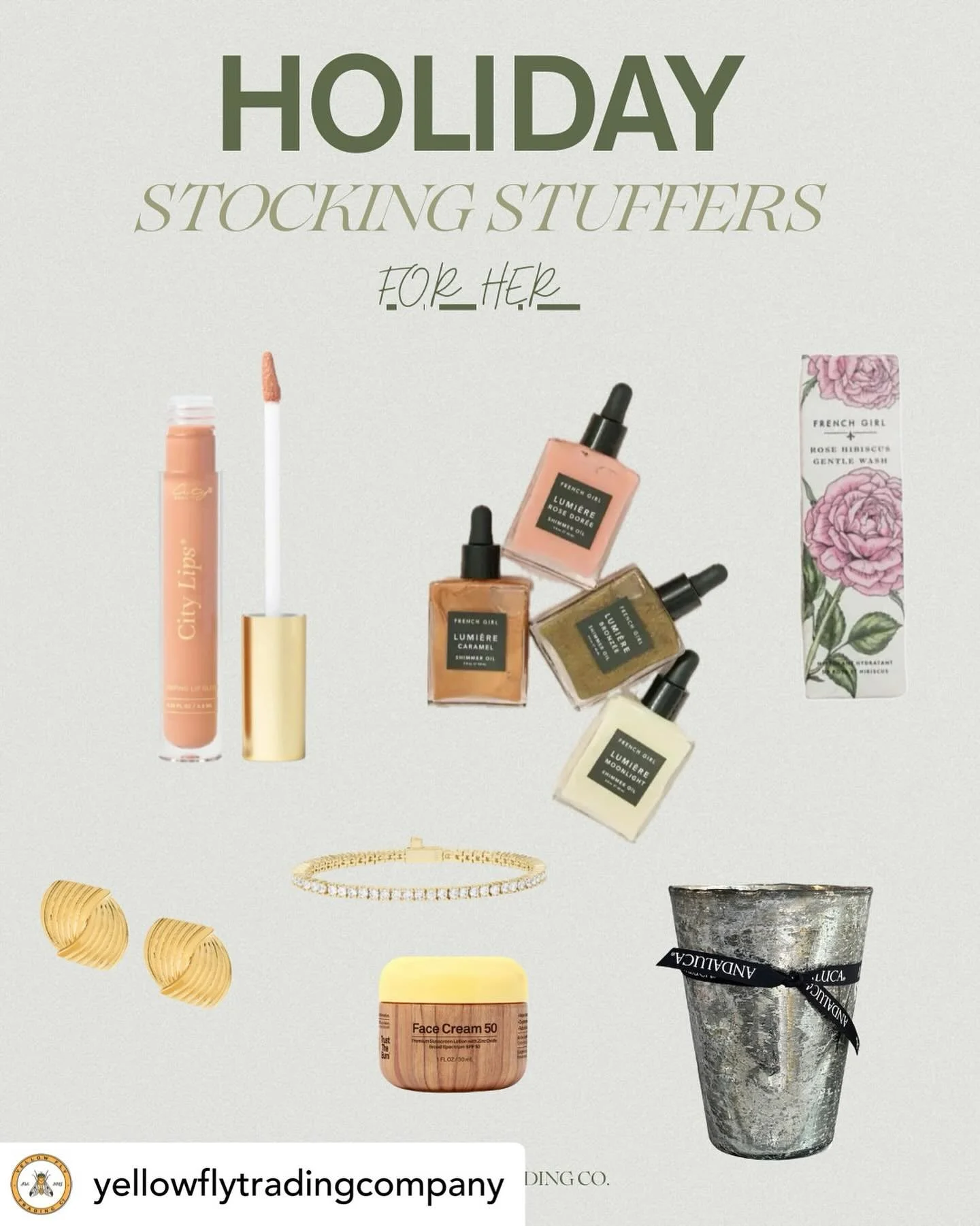 Get @reshare_app &bull; @yellowflytradingcompany Everyone deserves a stocking! Here&rsquo;s some go-to&rsquo;s we know she&rsquo;ll love 🤍 

@melindamaria_jewelry 
@citylipsnyc 
@marlynschiff 
@sunbum 
@frenchgirlorganics