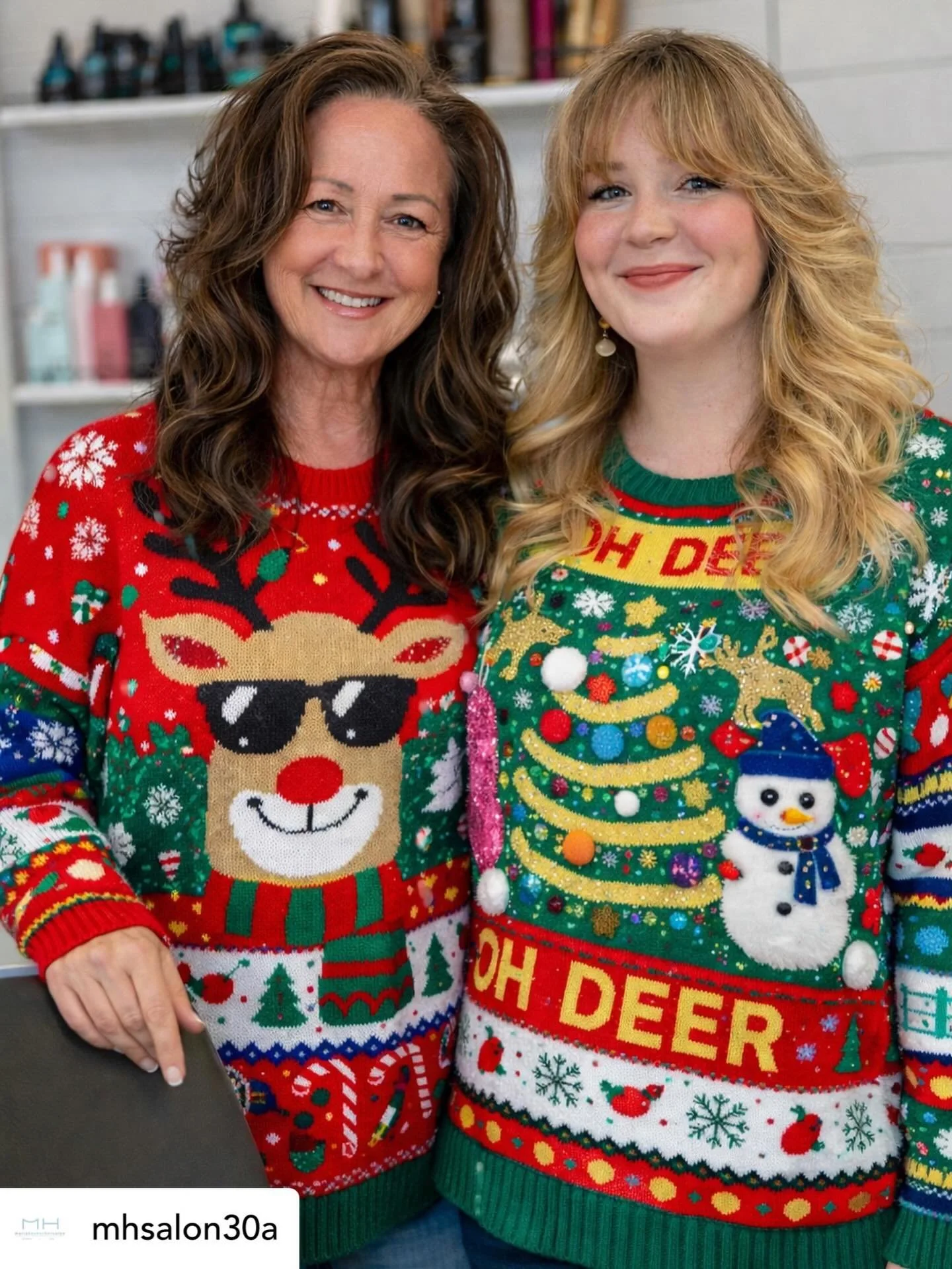 Get @reshare_app &bull; @mhsalon30a Ugly sweater season but great hair still wins
🎄⛄️🪮
Holiday spots are filling up book now 

#MHSalon30A #UglySweaterSeason
#GreatHairWins #HolidayHair #30AHair #SalonLife #BookNow #ChristmasHair