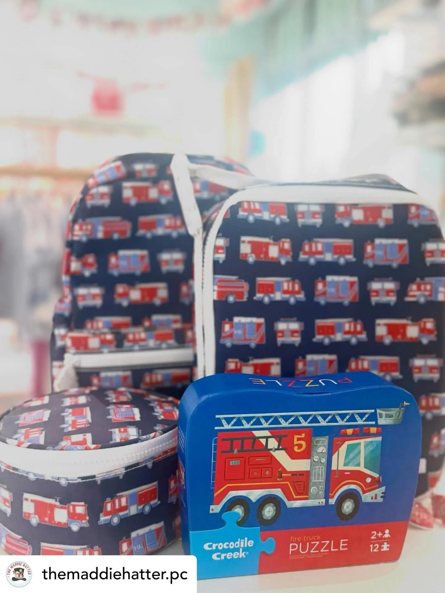 Get @reshare_app &bull; @themaddiehatter.pc 🚒 Sound the alarm! 🚨 
We have a firetruck collection that he will love. Backpack is available in full size or preschool size. Add on a matching lunch box and accessory bag. 
@shopsatthehub #30a #lovepc #c