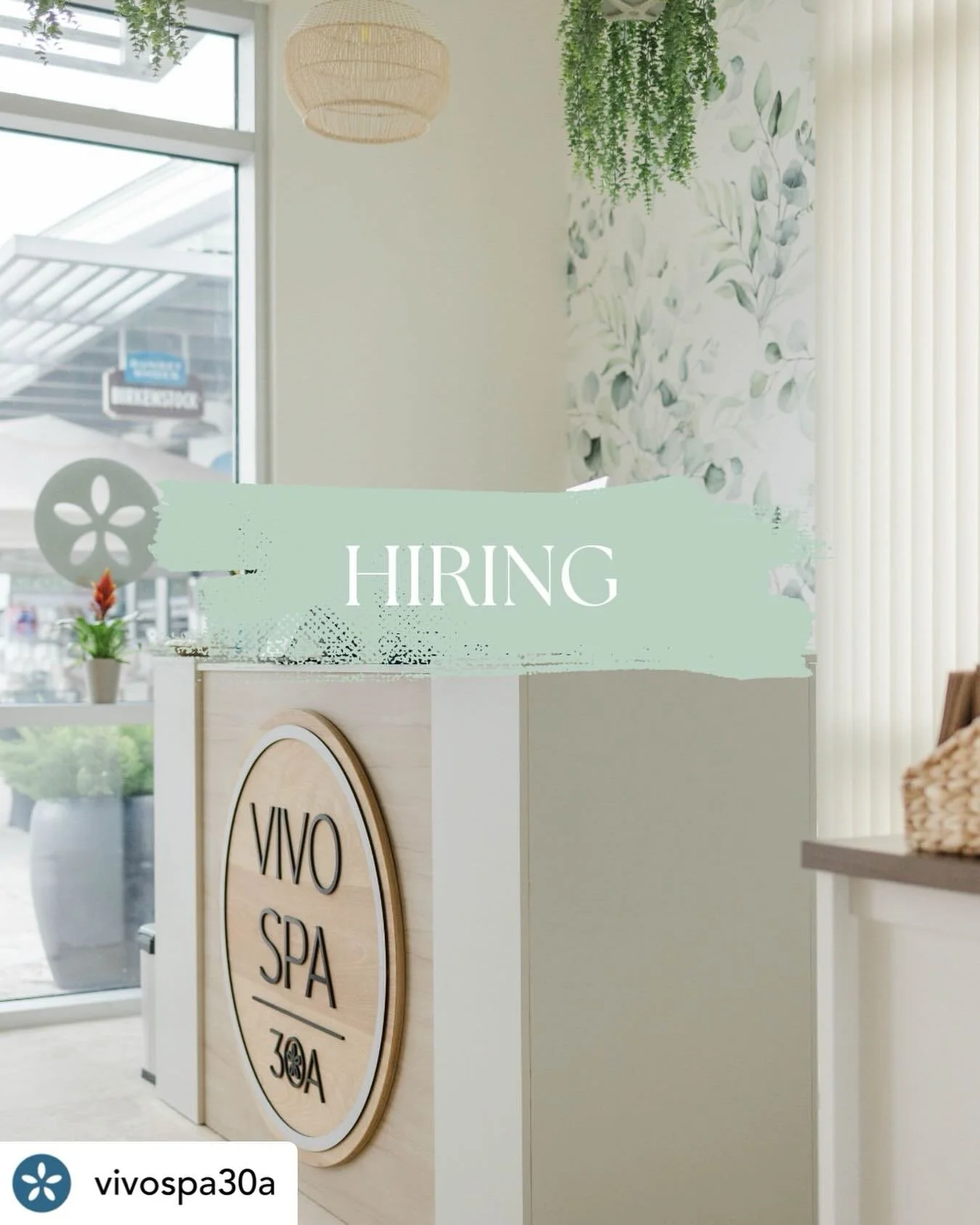 Get @reshare_app &bull; @vivospa30a Vivo is looking for a full-time Front Desk Administrator to join our team at Watersound! If you are organized, personable, detail-oriented, and thrive in luxury wellness environment, we would love to hear from you.