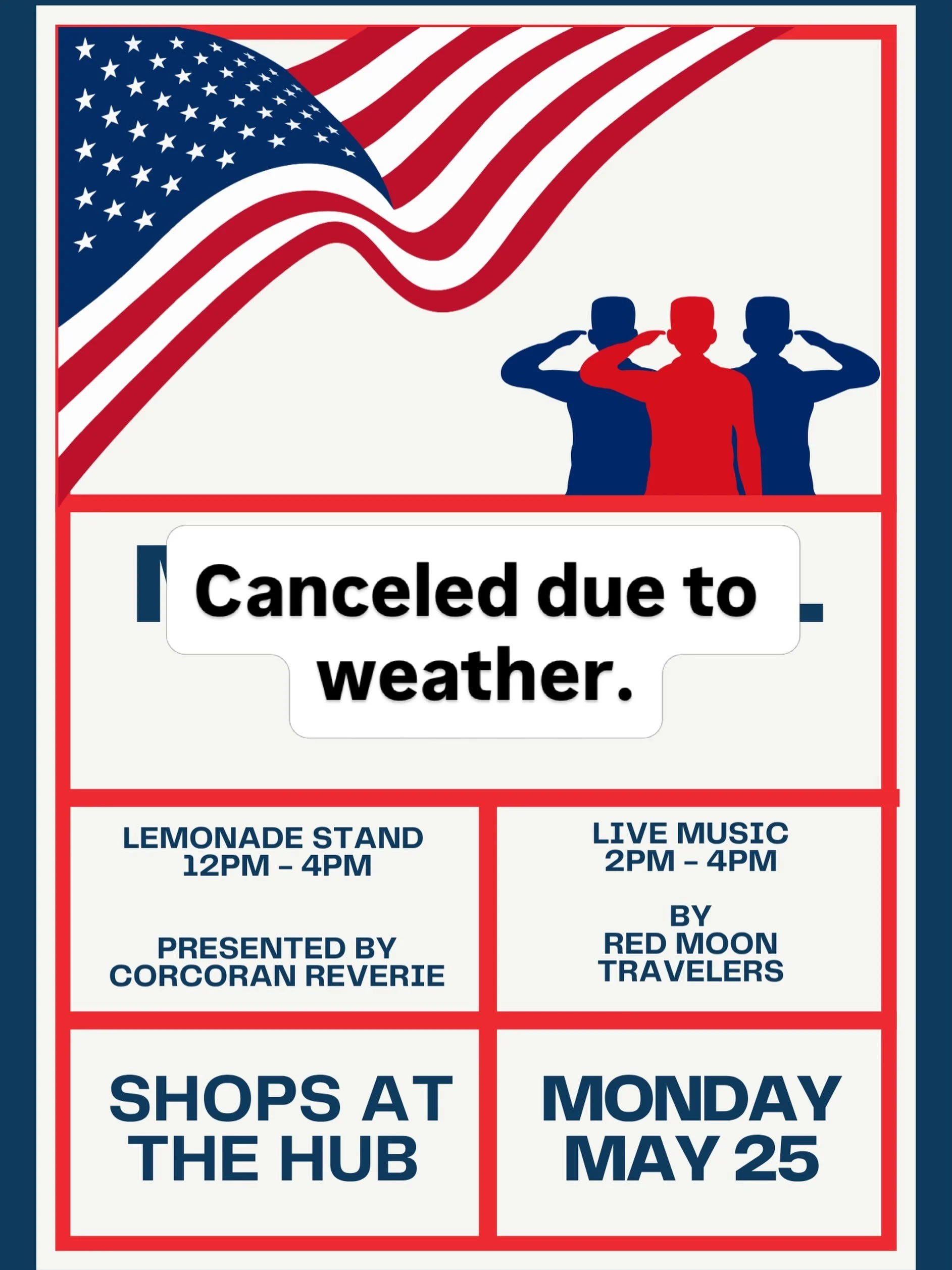 Happy Memorial Day everyone! We are canceling today&rsquo;s events due to weather, but we will reschedule asap. The shops are all open, so enjoy some shopping on this rainy day!