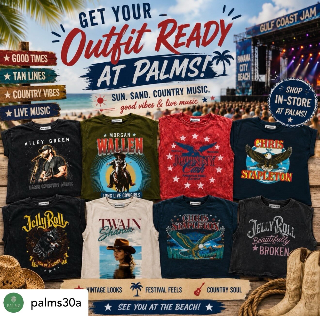 Get @reshare_app &bull; @palms30a Gulf Coast Jam called&hellip; your outfit is waiting at Palms 🤠🌴🎶