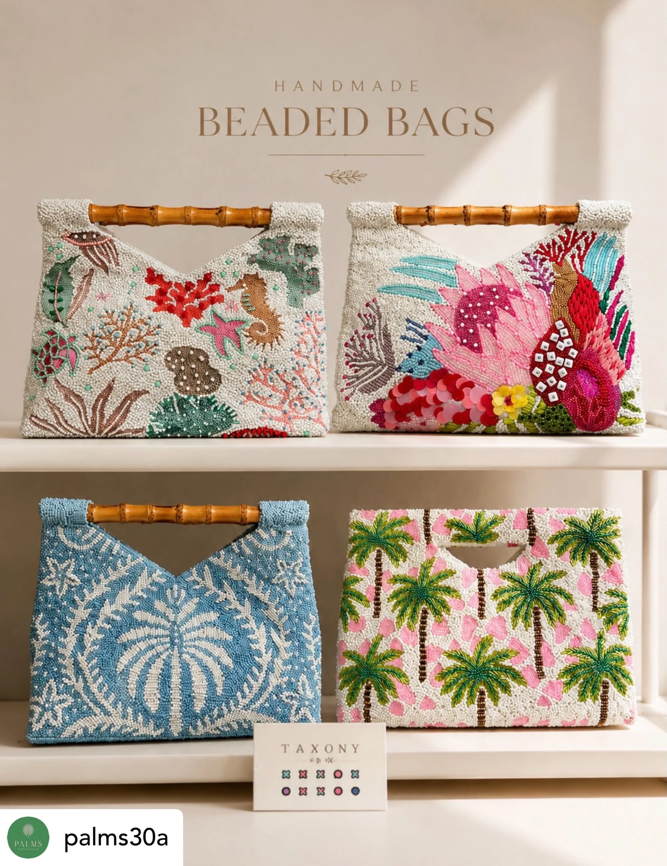 Get @reshare_app &bull; @palms30a Handmade, beaded, and made to turn heads. The perfect statement bag for beach dinners, brunch dates, and everything in between.