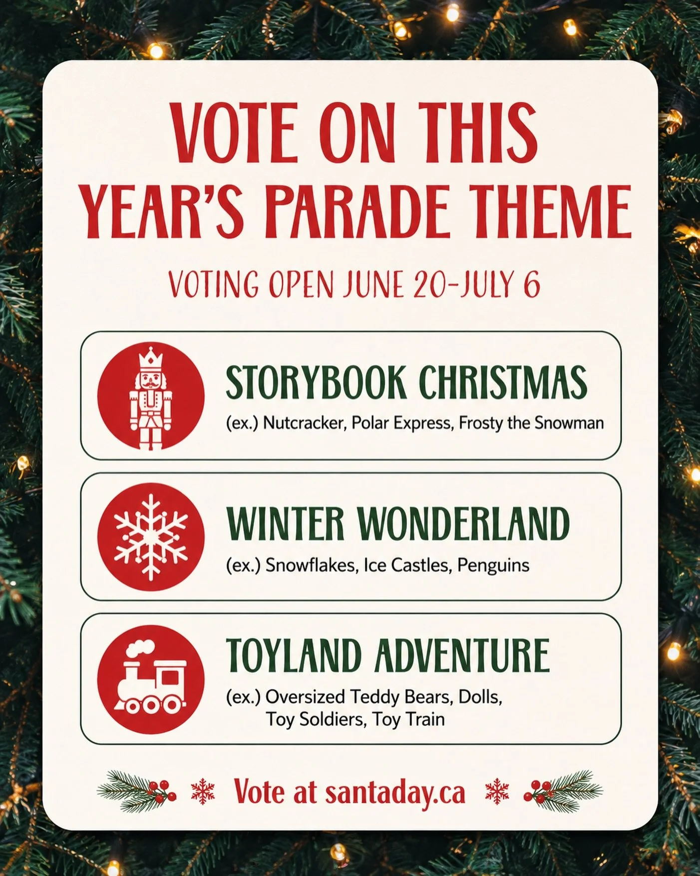 Help choose this year&rsquo;s Santa Day parade theme! 🎄

Voting is now open, and we want to hear from you. Head to Santaday.ca to cast your vote for your favourite theme and help shape the magic of this year&rsquo;s parade!

✨ Storybook Christmas
❄️