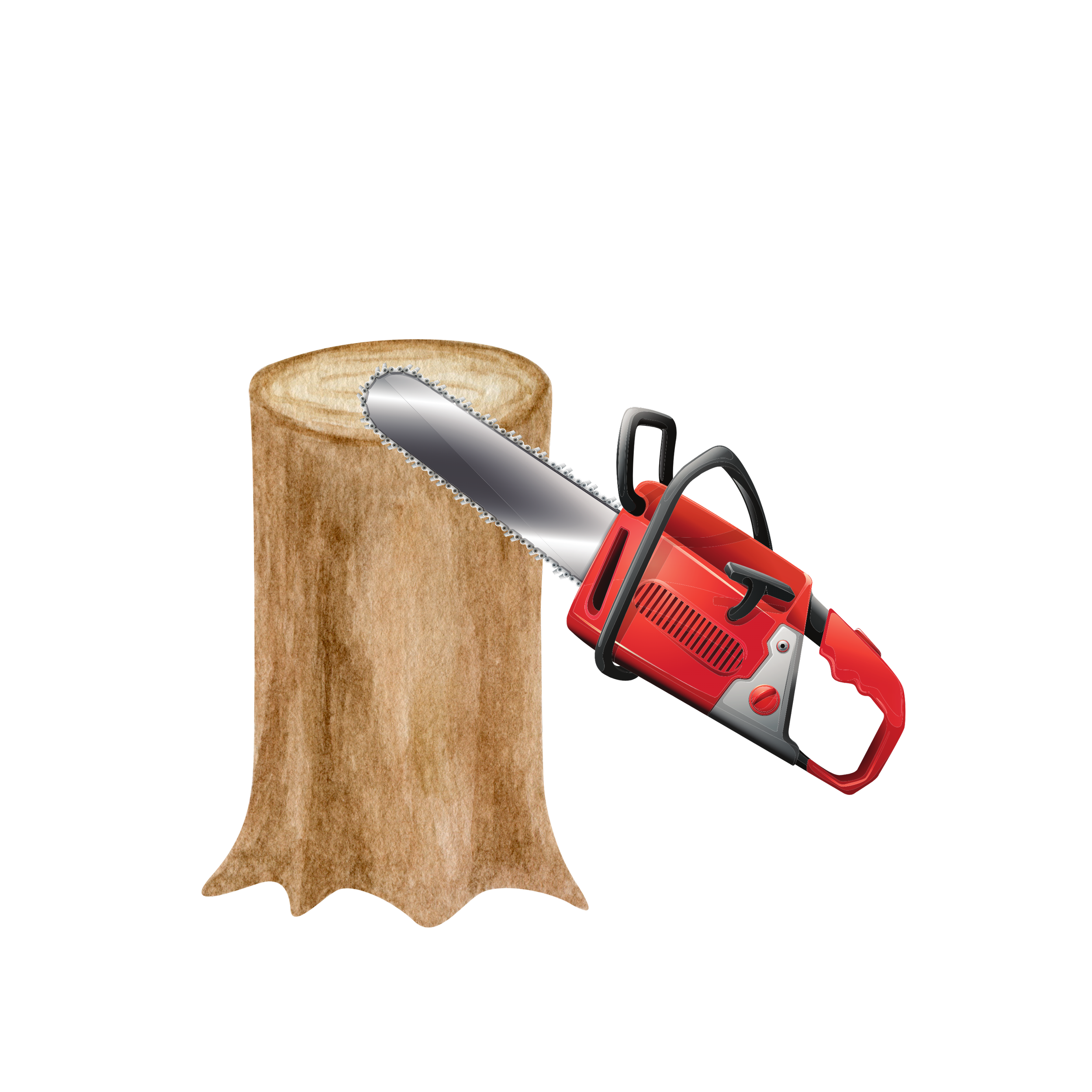 A chainsaw resting on a tree stump