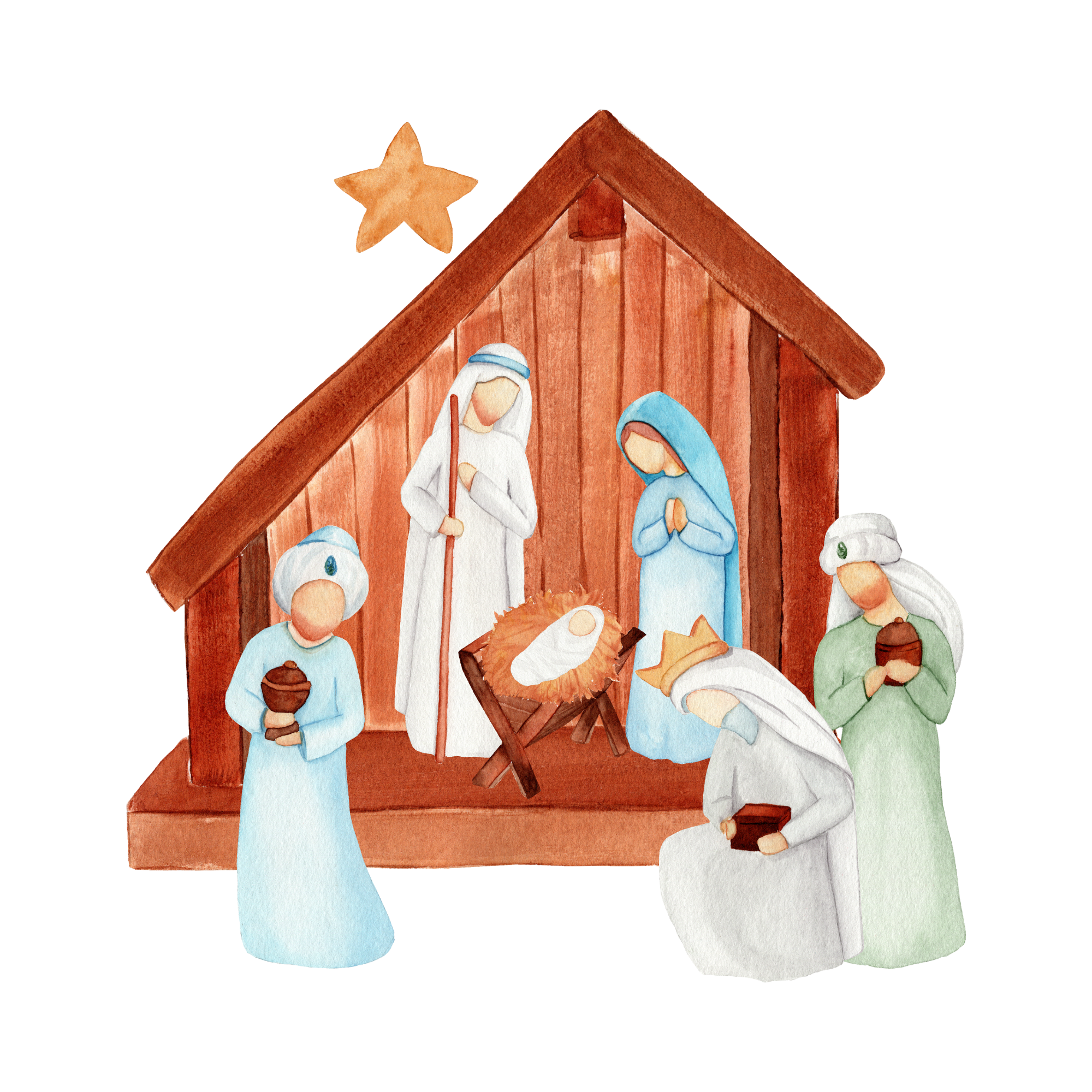 Watercolor nativity scene with Mary, Joseph, baby Jesus in a manger, three wise men, and angels inside a wooden stable, with a star above.