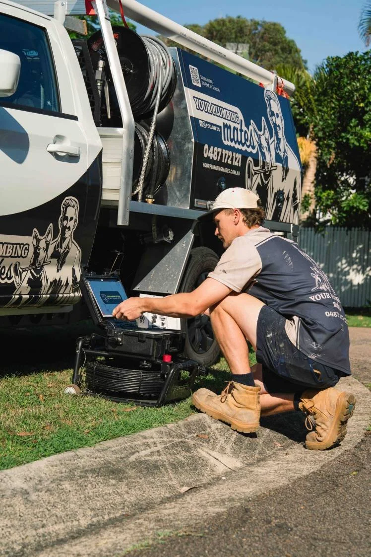 Photo of your plumbing mates plumber preparing a blocked drain computer camera and jetter in Noosa heads