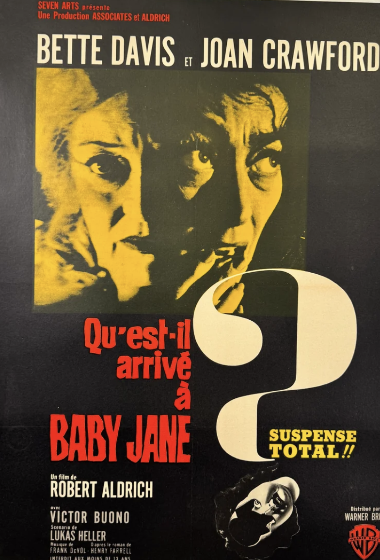 1962 What Ever Happened to Baby Jane French Moyen Linen-Backed Movie Poster Yellow Tint 23x31"