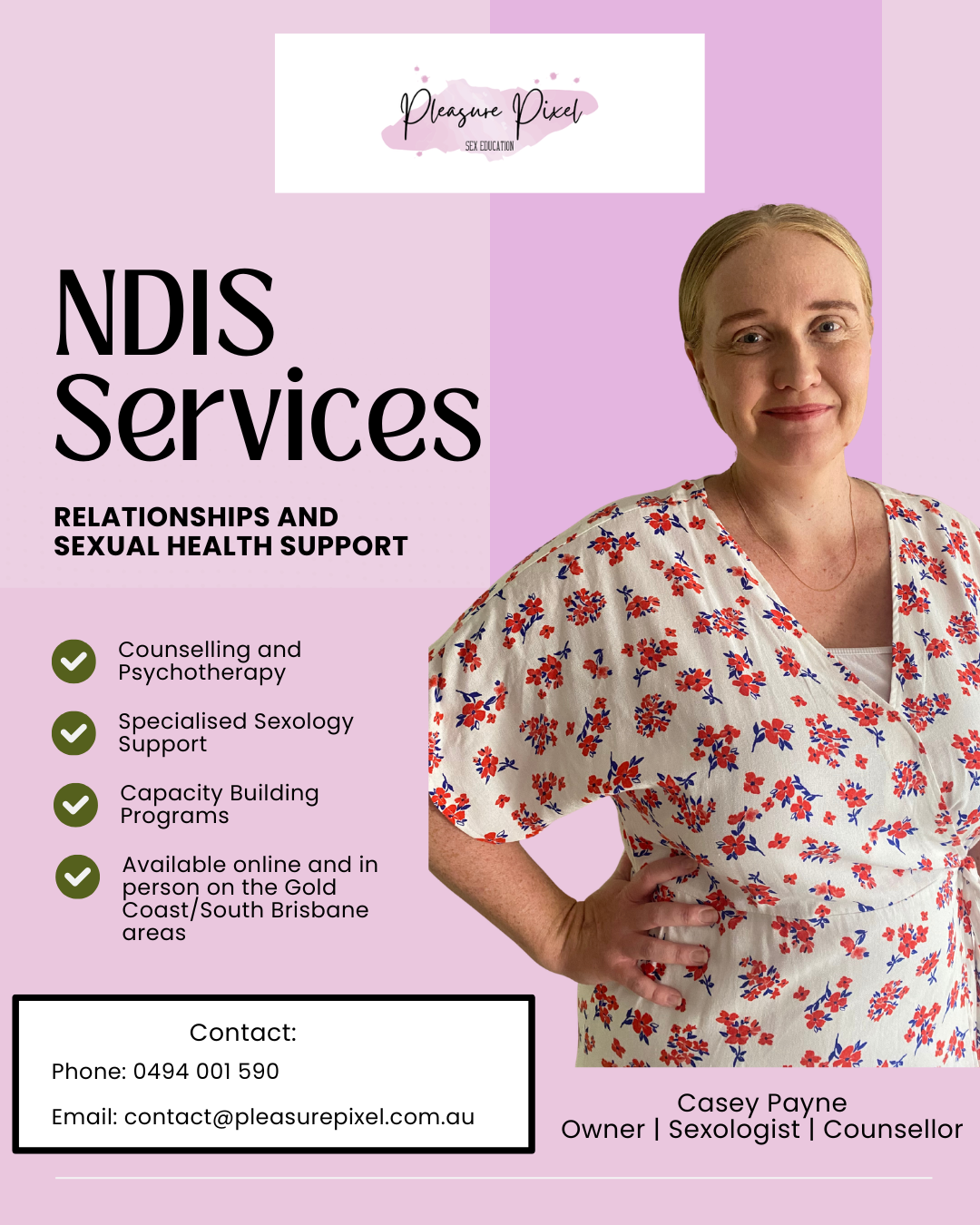 Casey, owner of Pleasure Pixel with a list of NDIS Services