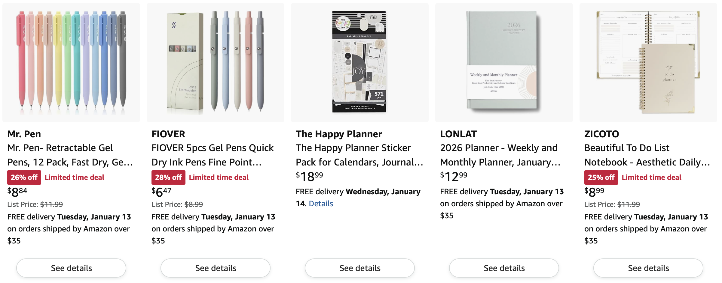 curated selection of stationery and planning supplies, pastel gel pens, happy planner sticker pack and minimalist 2026 weekly and monthly planner and aesthetic todo list notebook shown with pricing