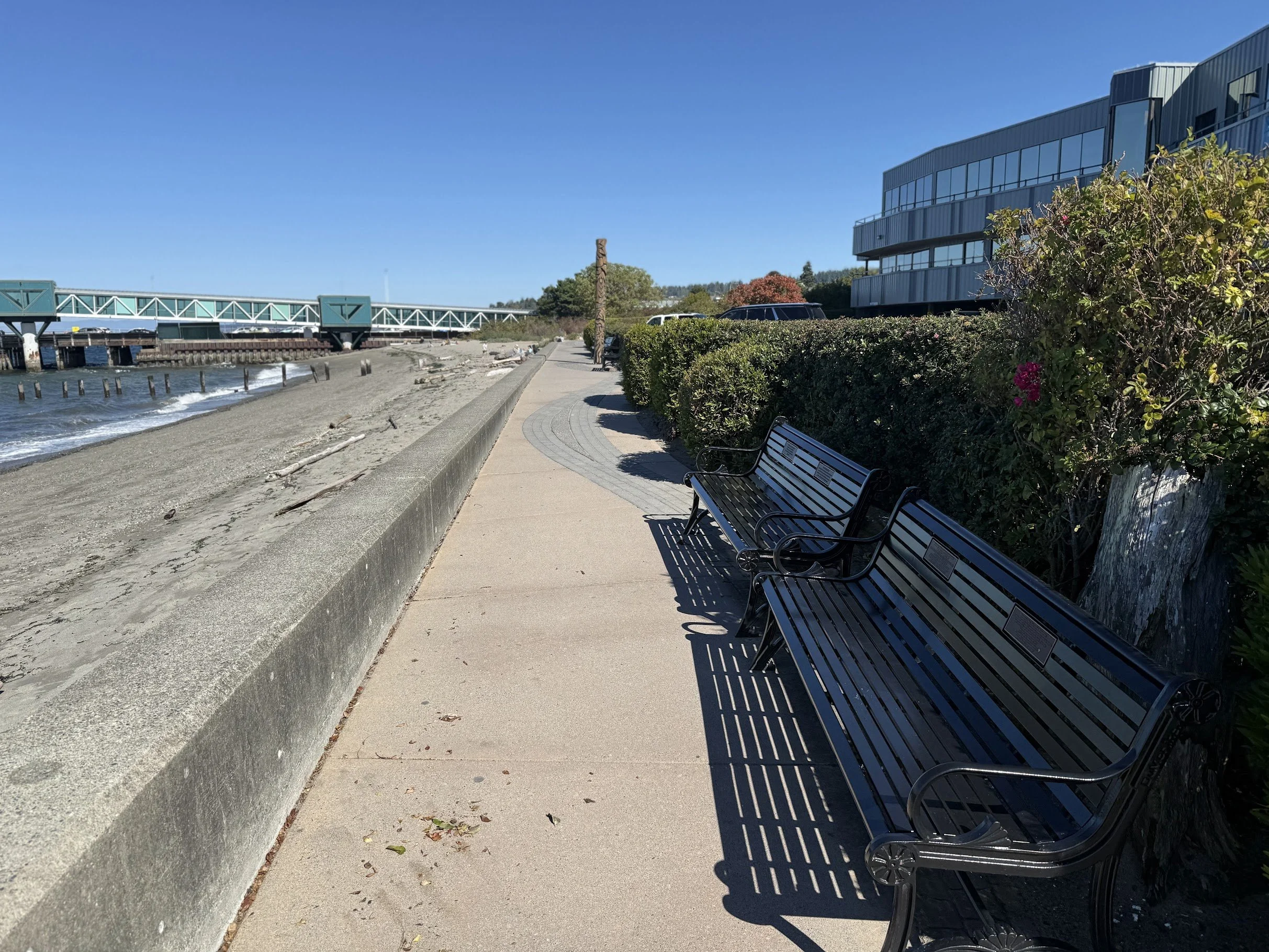 A seaside promenade with black metal benches, green bushes, and modern buildings, overlooking a sandy beach and ocean under a clear blue sky.