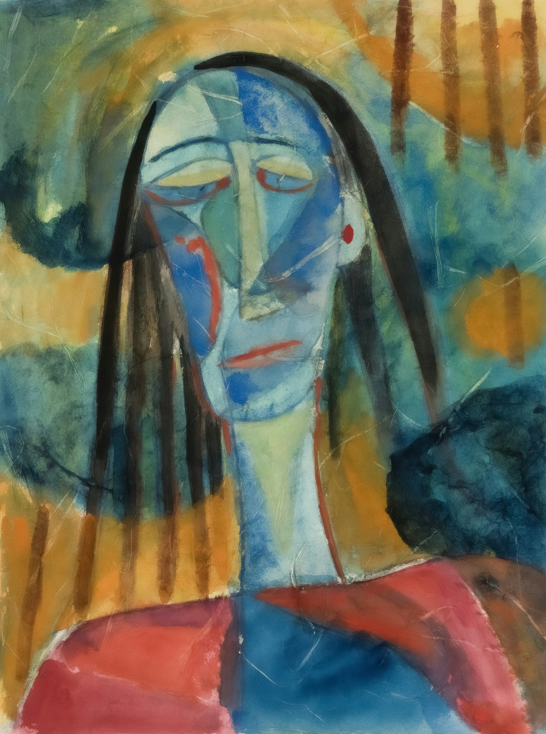 Abstract painting featuring a stylized human face with closed eyes, surrounded by vibrant colors and brushstrokes.