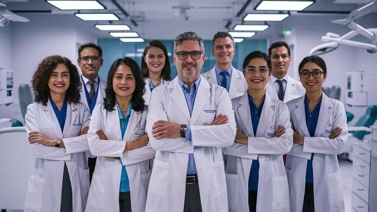A group of eight diverse healthcare professionals wearing white lab coats, standing confidently in a medical facility.